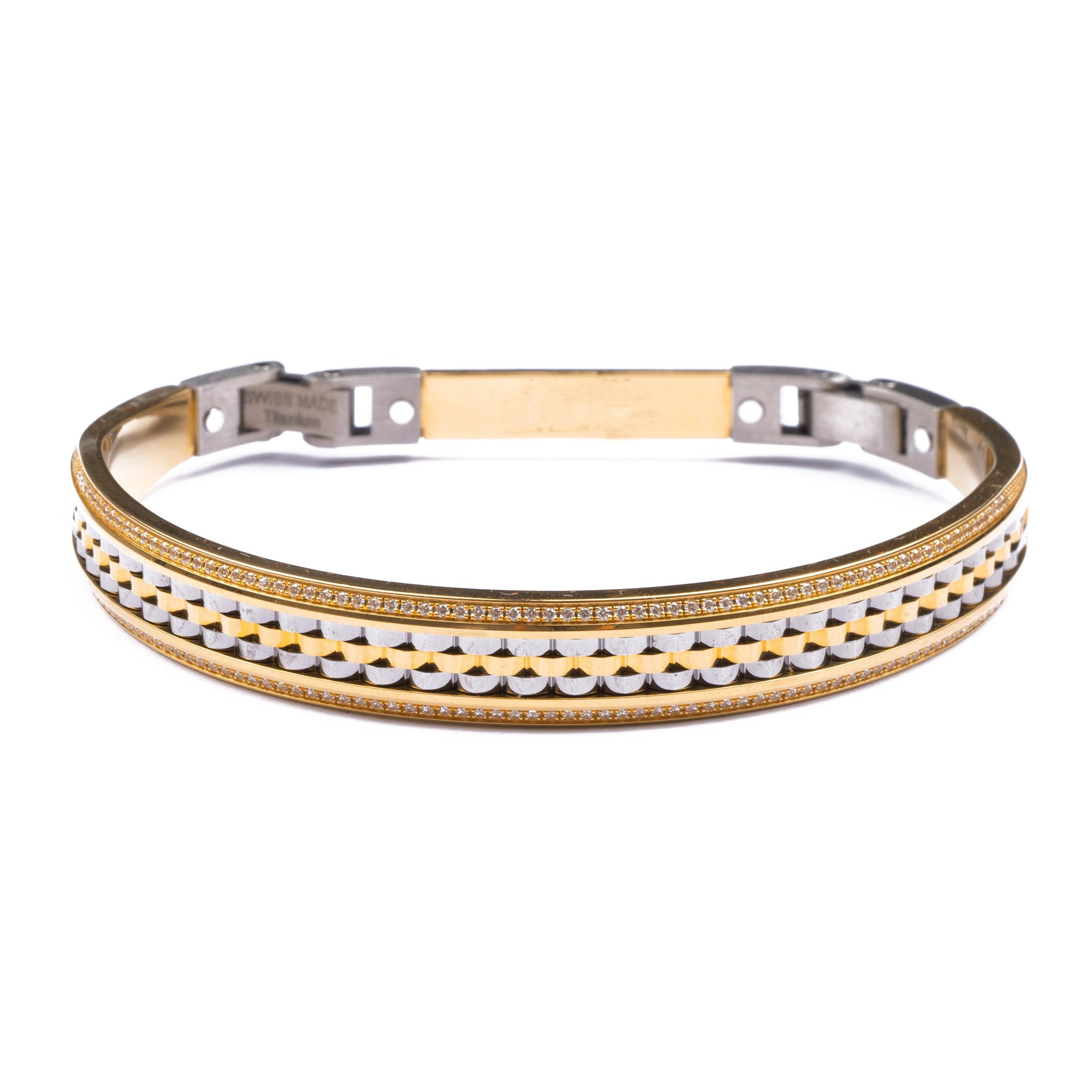 22ct Gold Openable Premium Bangle with Diamond Cut and Rhodium Design, set with Cubic Zirconias and comes with a Swiss made Titanium Clasp B-8415