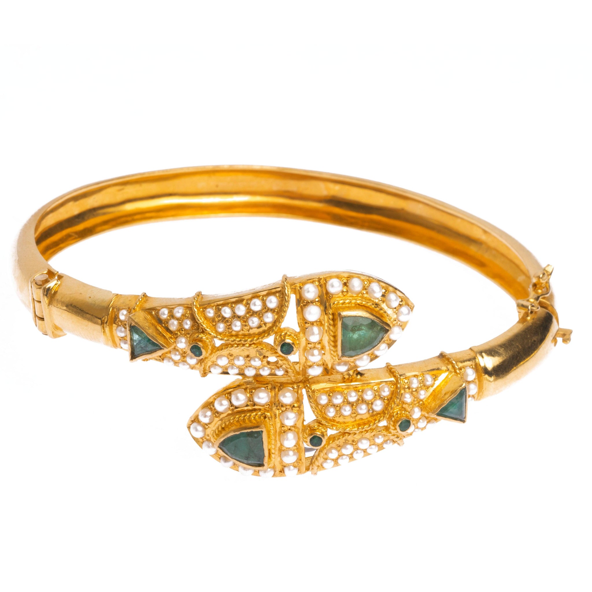22ct Gold Antiquated Look Openable Bangle set with Green Stones and Cultured Pearls B-8447