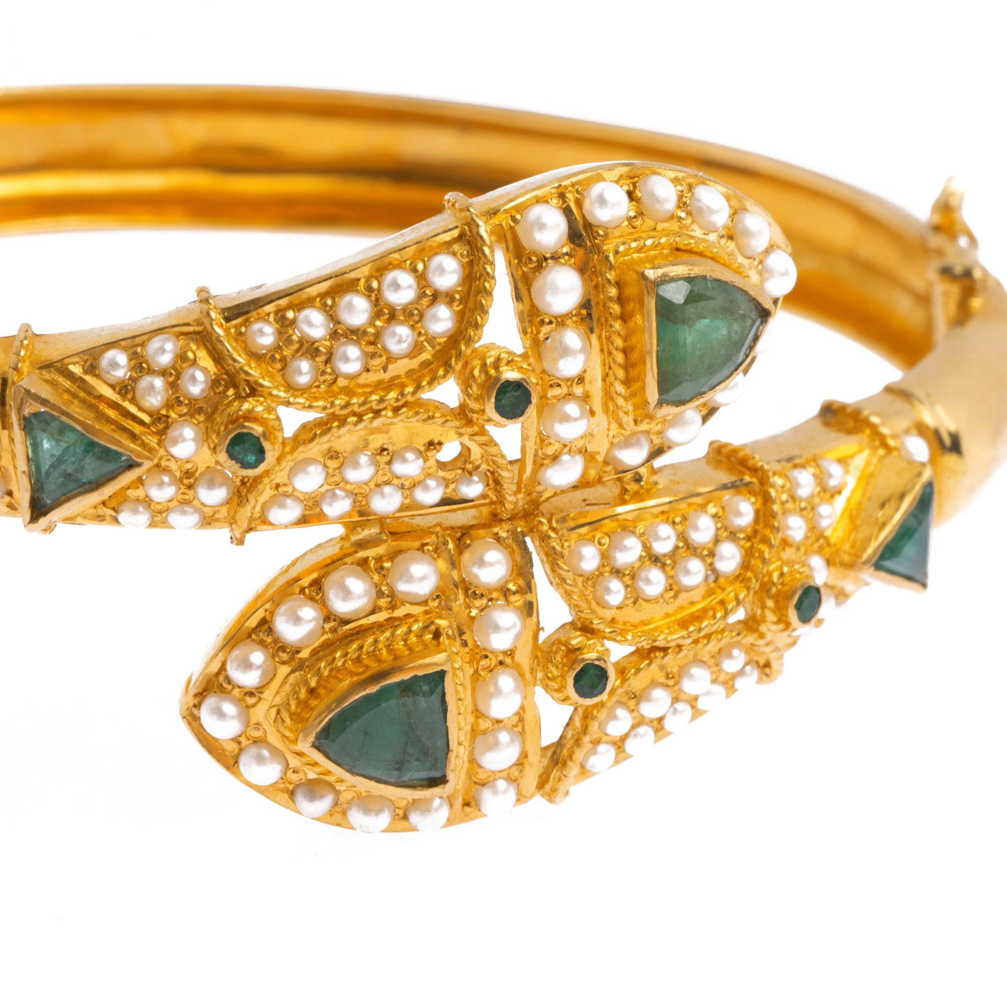 22ct Gold Antiquated Look Openable Bangle set with Green Stones and Cultured Pearls B-8447