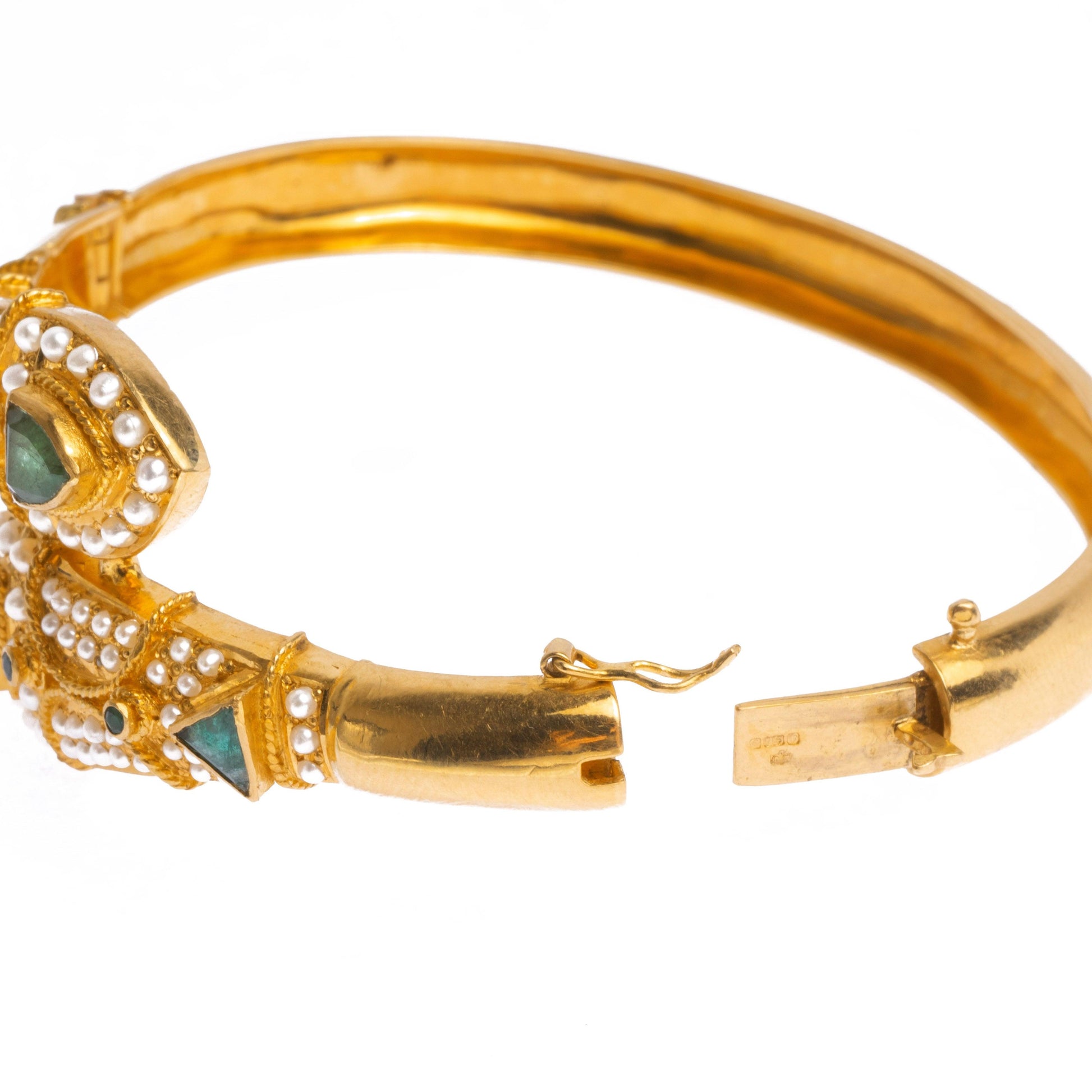 22ct Gold Antiquated Look Openable Bangle set with Green Stones and Cultured Pearls B-8447 - Minar Jewellers