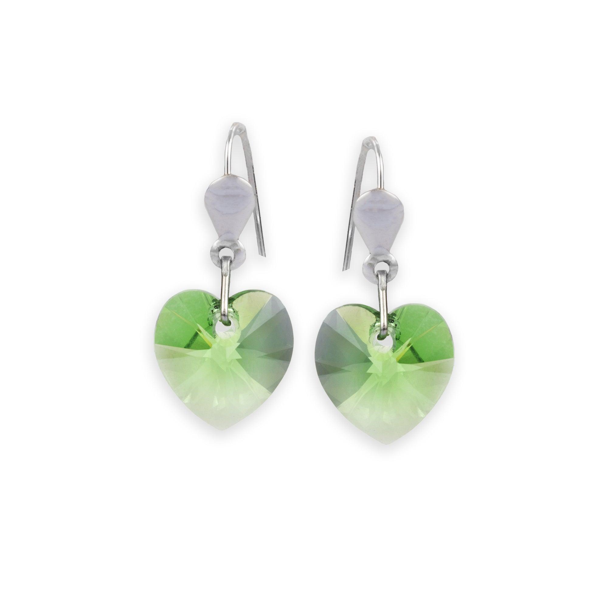 Sterling Silver Heart Shaped Drop Earrings with Green Austrian Crystal BP9663 - Minar Jewellers