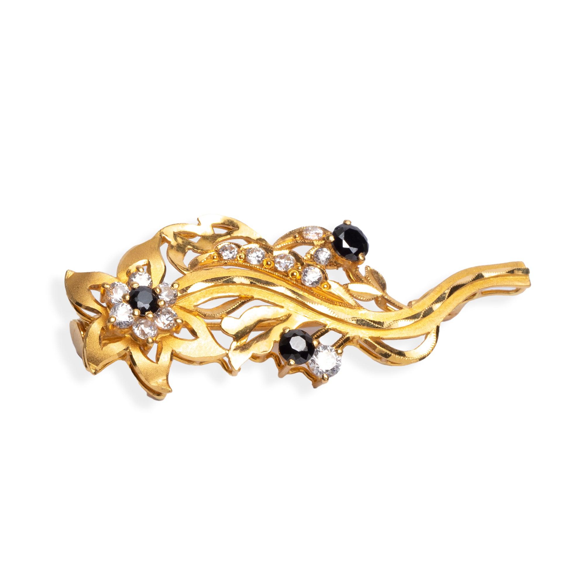 22ct Gold Brooch with White and Black Cubic Zirconia stones in Flower Design (8.3g) BRO-5885