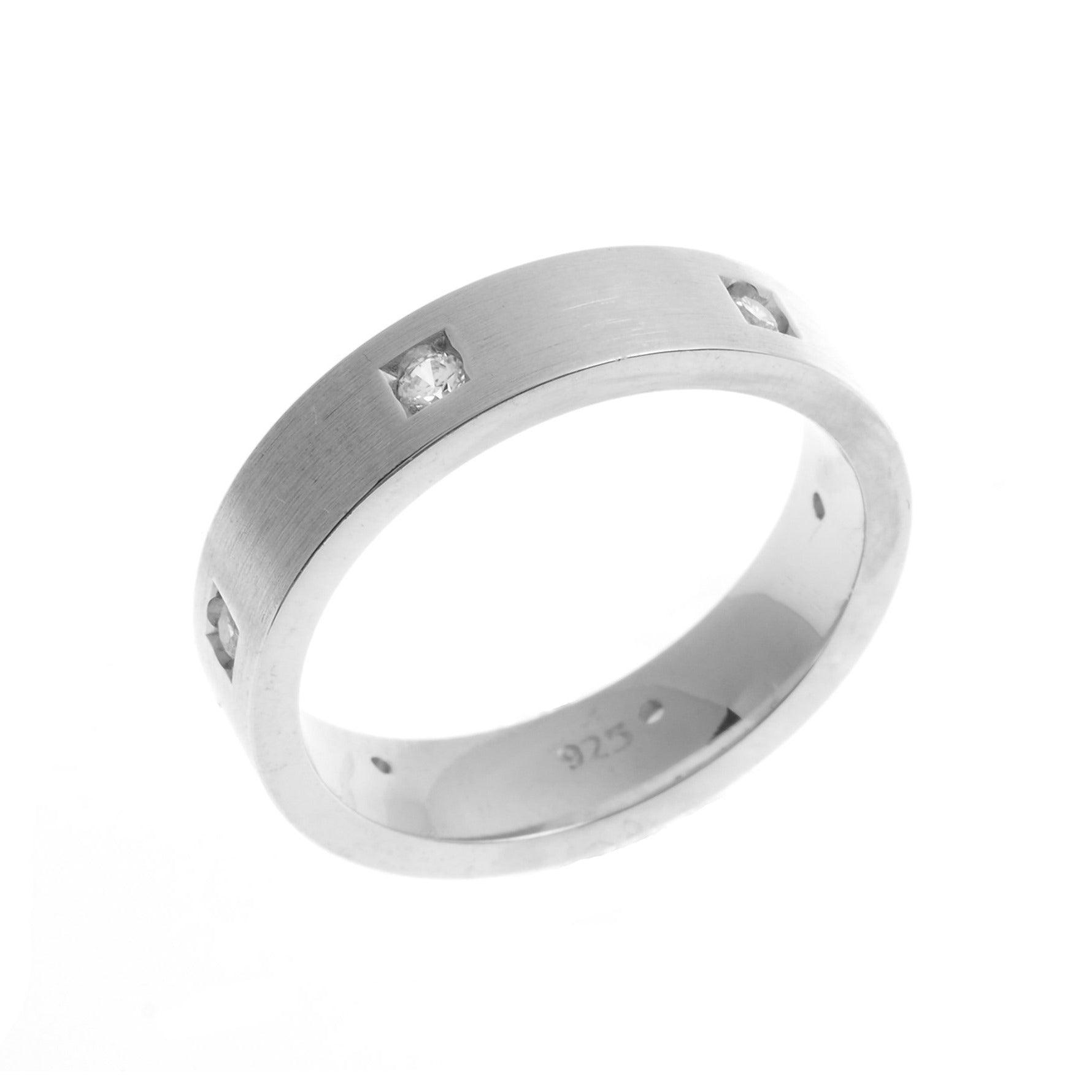 Brushed Sterling Silver Gents Wedding Band with Cubic Zirconia