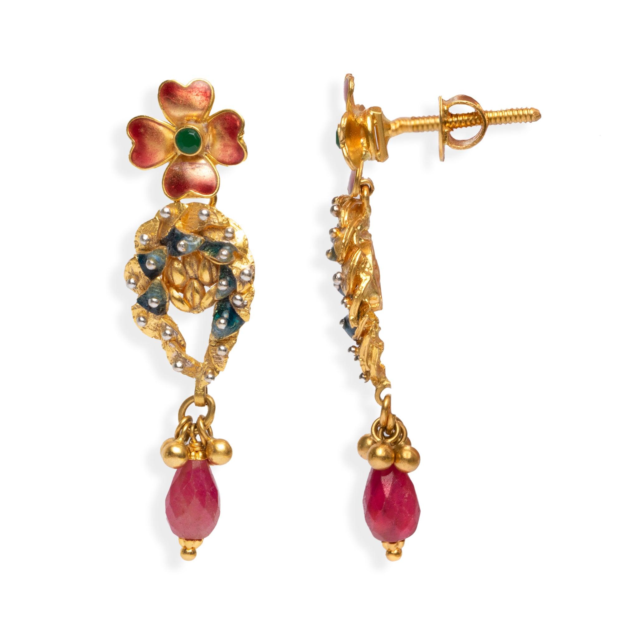 22ct Gold Enamel and Cubic Zirconia Drop Earrings with Flower Design (10.4g) E-3350 - Minar Jewellers