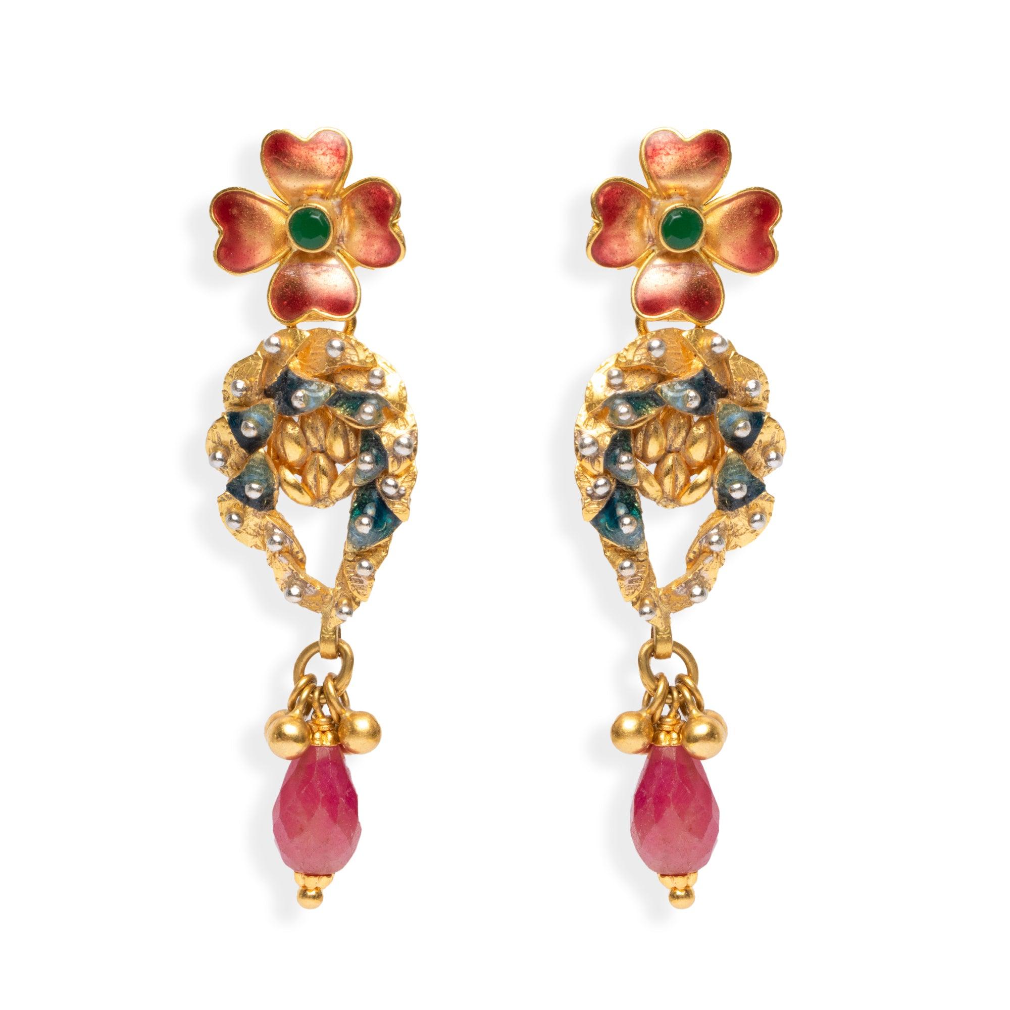 22ct Gold Enamel and Cubic Zirconia Drop Earrings with Flower Design (10.4g) E-3350 - Minar Jewellers