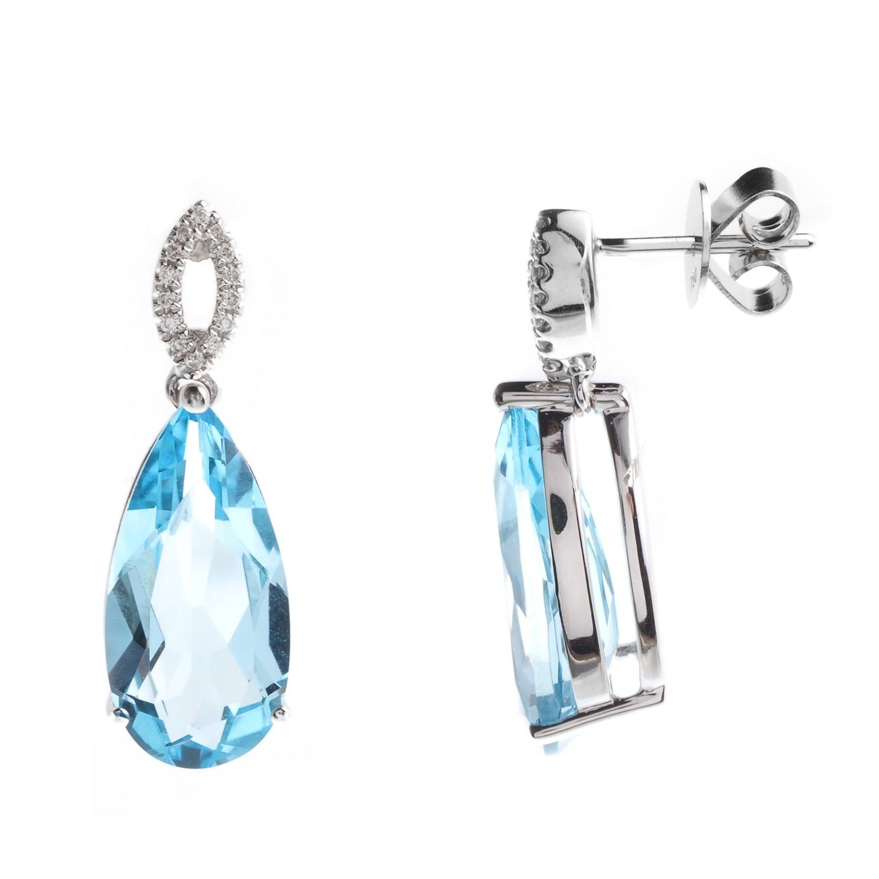 18ct White Gold Diamond and Blue Topaz Drop Earrings with push backs E32082-22 - Minar Jewellers