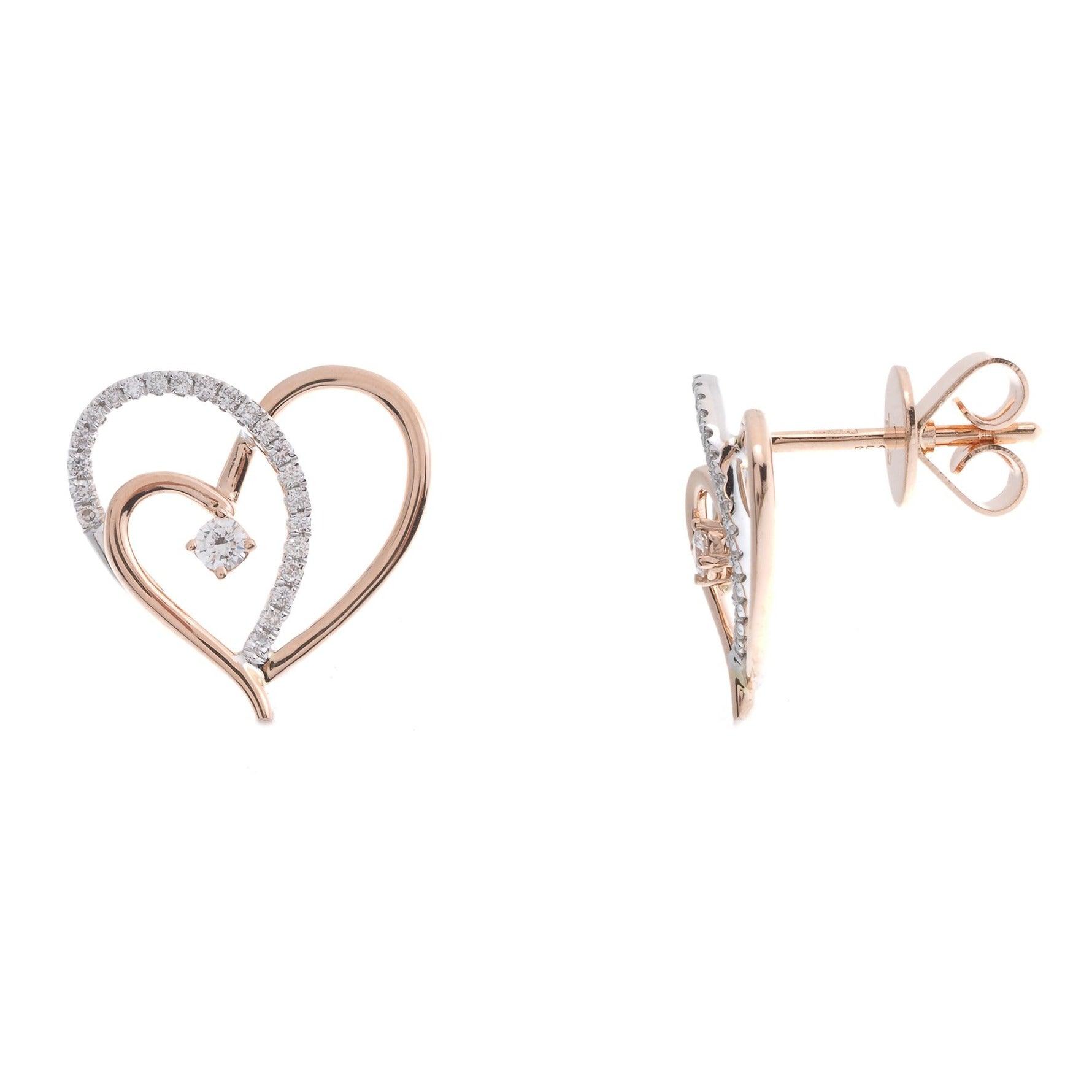 18ct Rose and White Gold Diamond Heart Design Earrings with push backs E43265-1 - Minar Jewellers