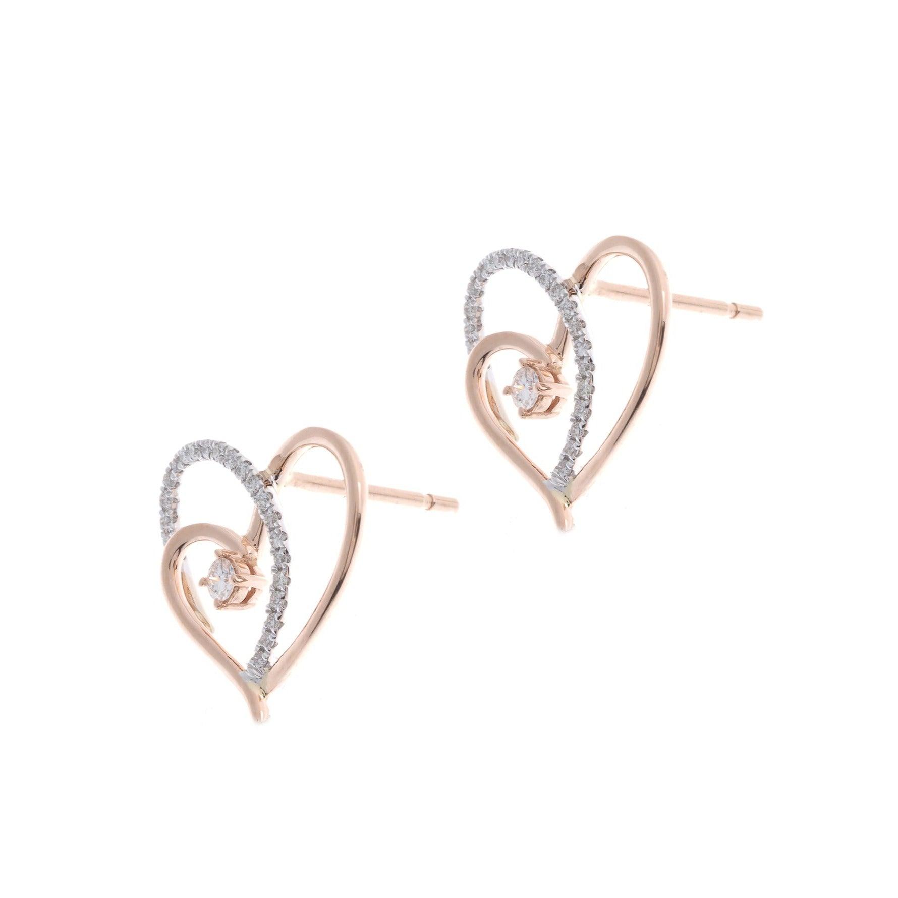 18ct Rose and White Gold Diamond Heart Design Earrings with push backs E43265-1 - Minar Jewellers