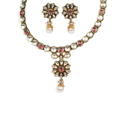 22ct Gold Antiquated Look Necklace and Earrings set with Cultured Pearls and Cubic Zirconia stones (70.32g) N&E-3060 - Minar Jewellers