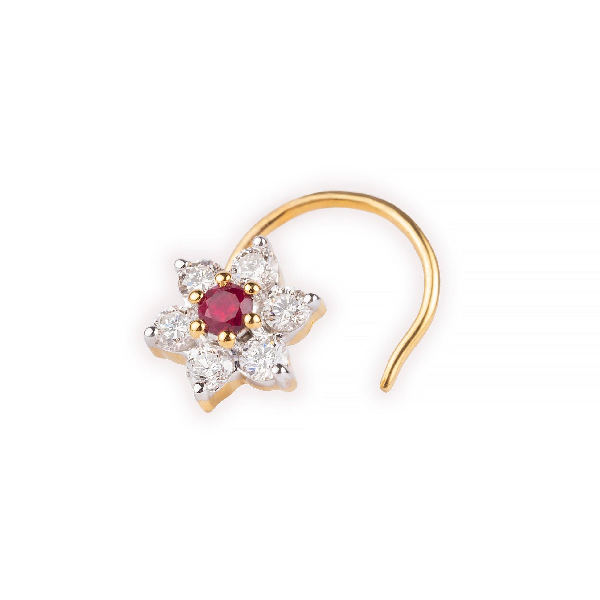 18ct Gold Diamond and Ruby Cluster Wire Coil Back Nose Stud MCS3445 MCS2658 - Minar Jewellers