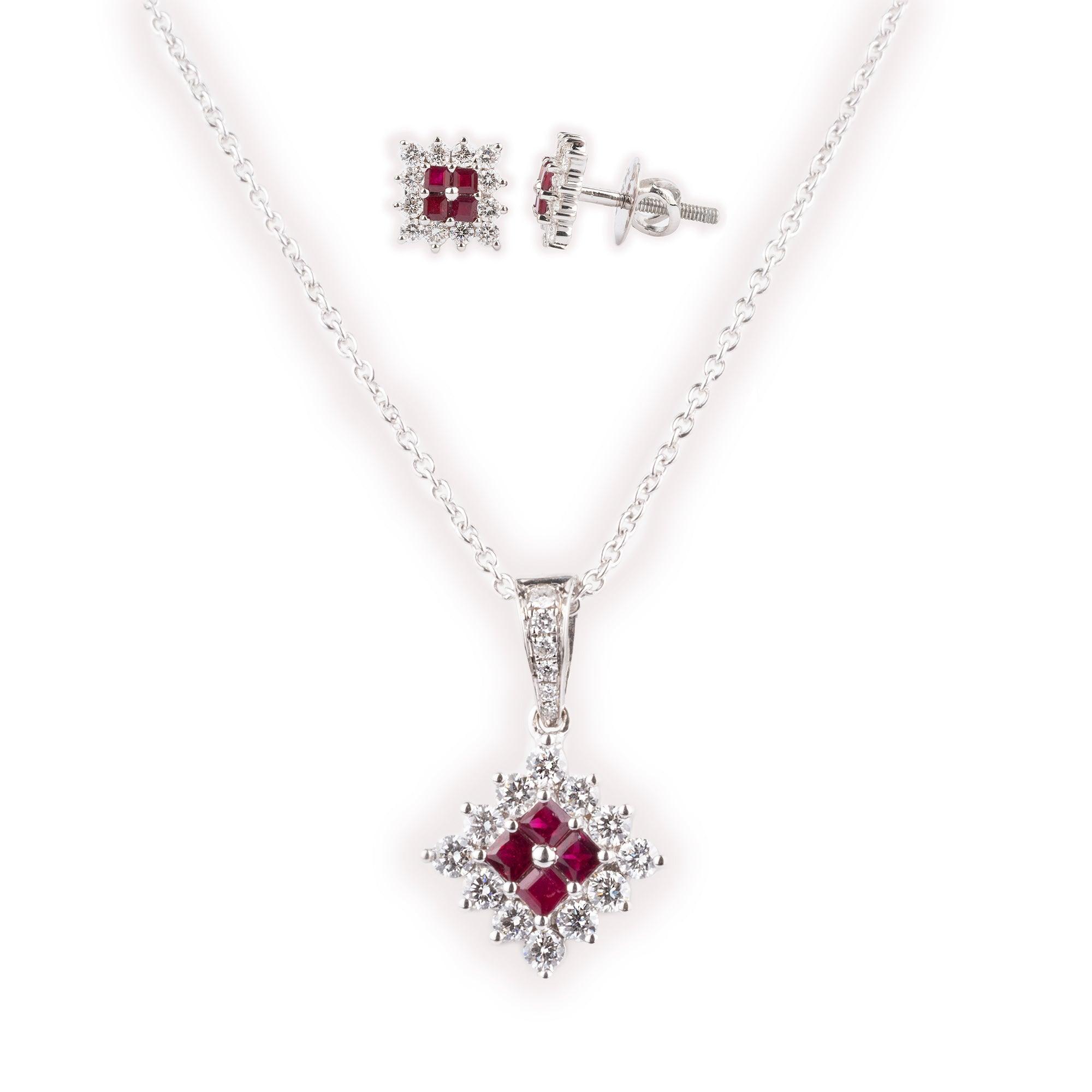 18ct White Gold Diamond & Ruby Chain, Pendant and Earrings Set CH11807-16 MCS2597 MCS2598 - Minar Jewellers
