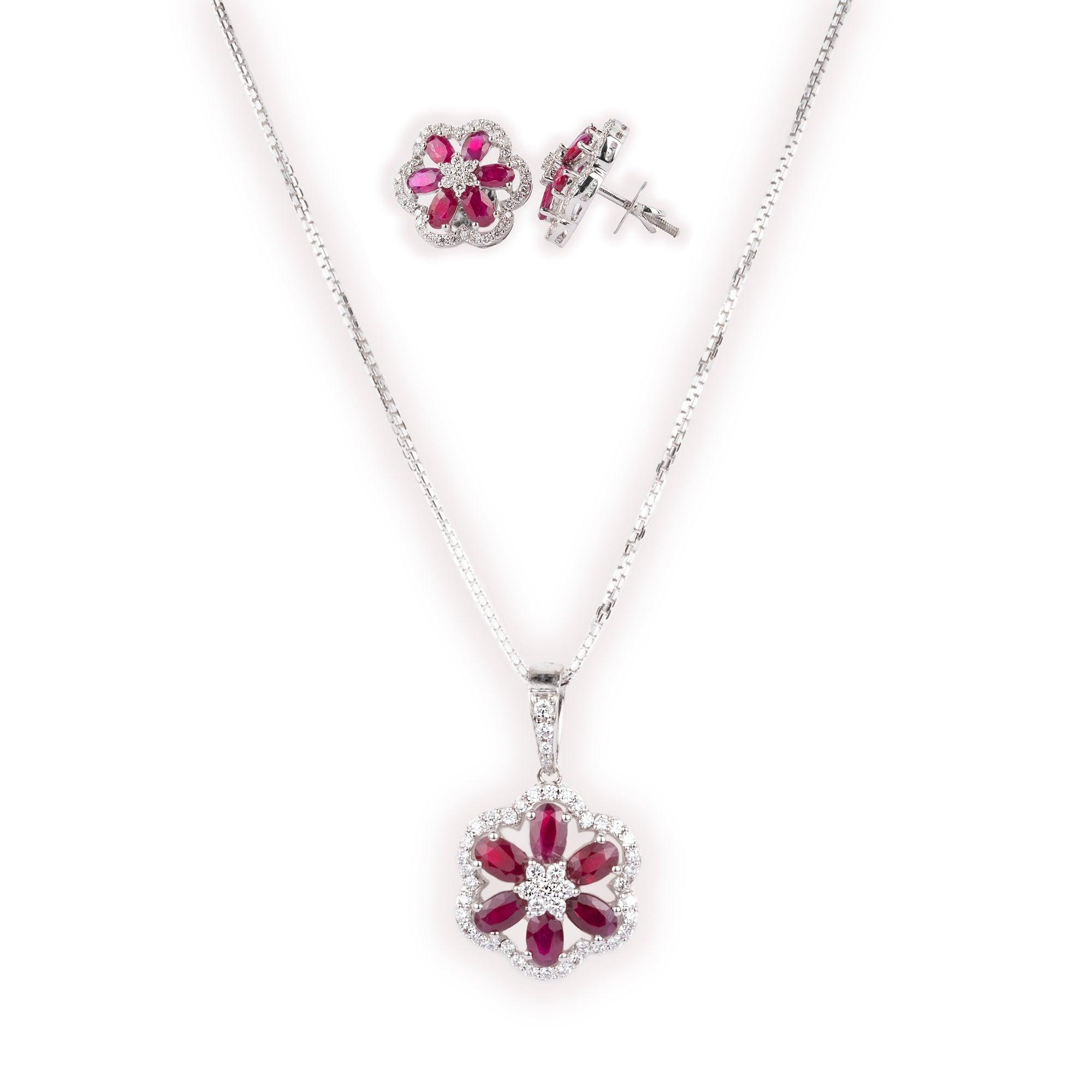 18ct White Gold Diamond & Ruby Chain, Pendant and Earrings Set CH-09548-WW-420 MCS2606 MCS2607 - Minar Jewellers