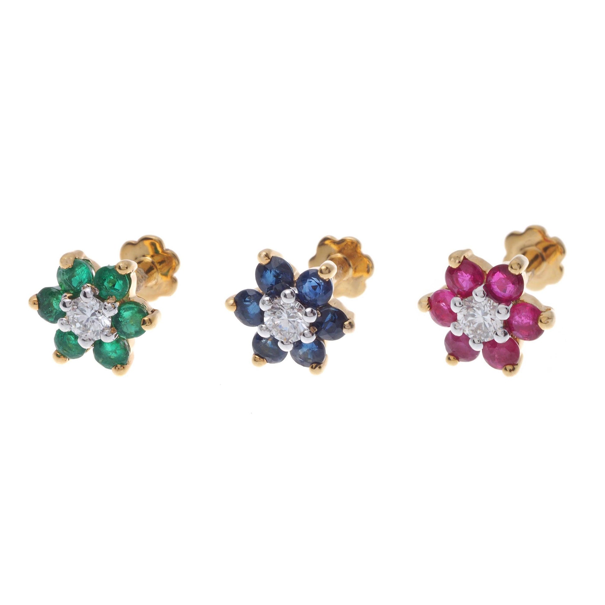 18ct Gold Diamond and Emerald / Sapphire / Ruby / Amethyst / Turquoise Screw Back Nose Stud MCS2656/7/8 - Minar Jewellers