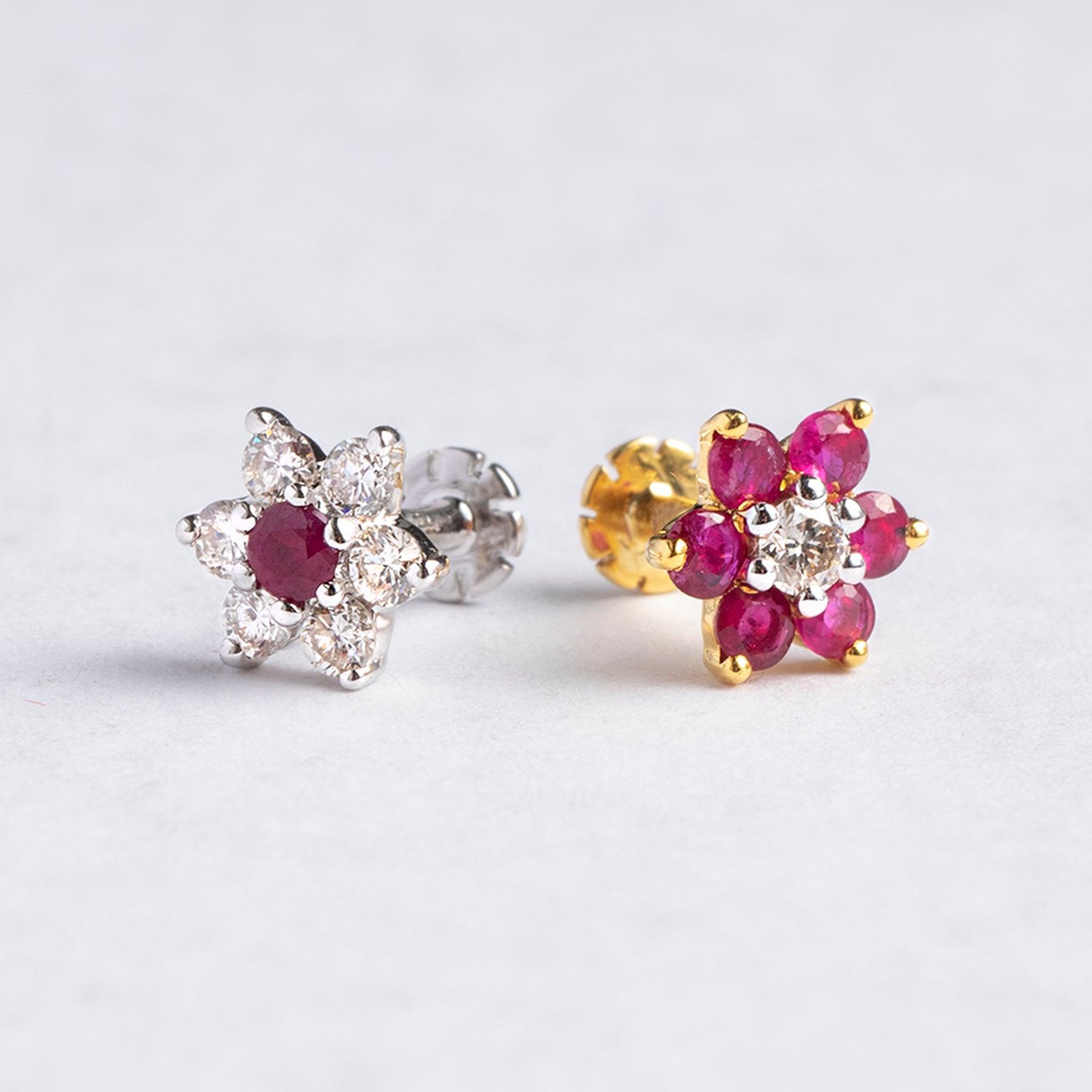 18ct Gold Diamond and Ruby Cluster Screw Back Nose Studs MCS3445 MCS2658 - Minar Jewellers