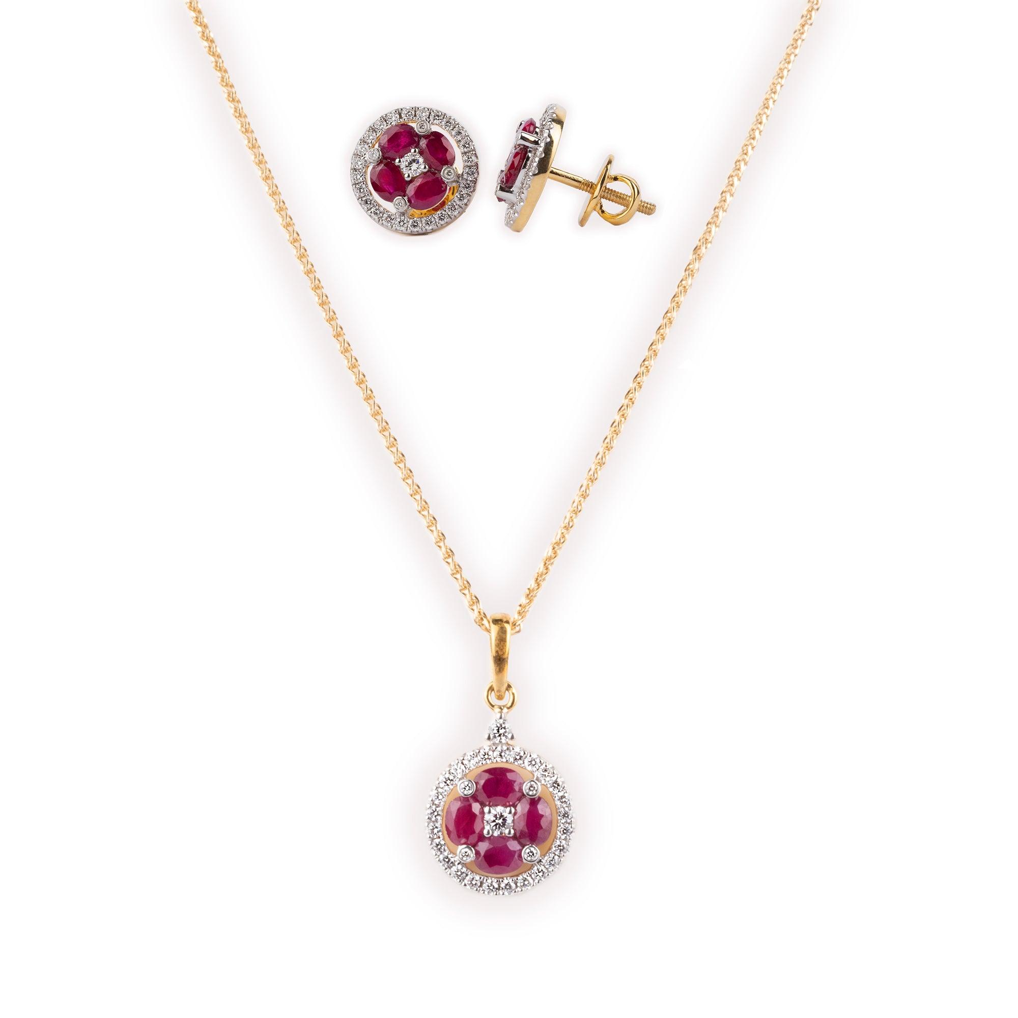 18ct Yellow Gold Diamond & Ruby Pendant and Earrings Set MCS4755 MCS4756 - Minar Jewellers