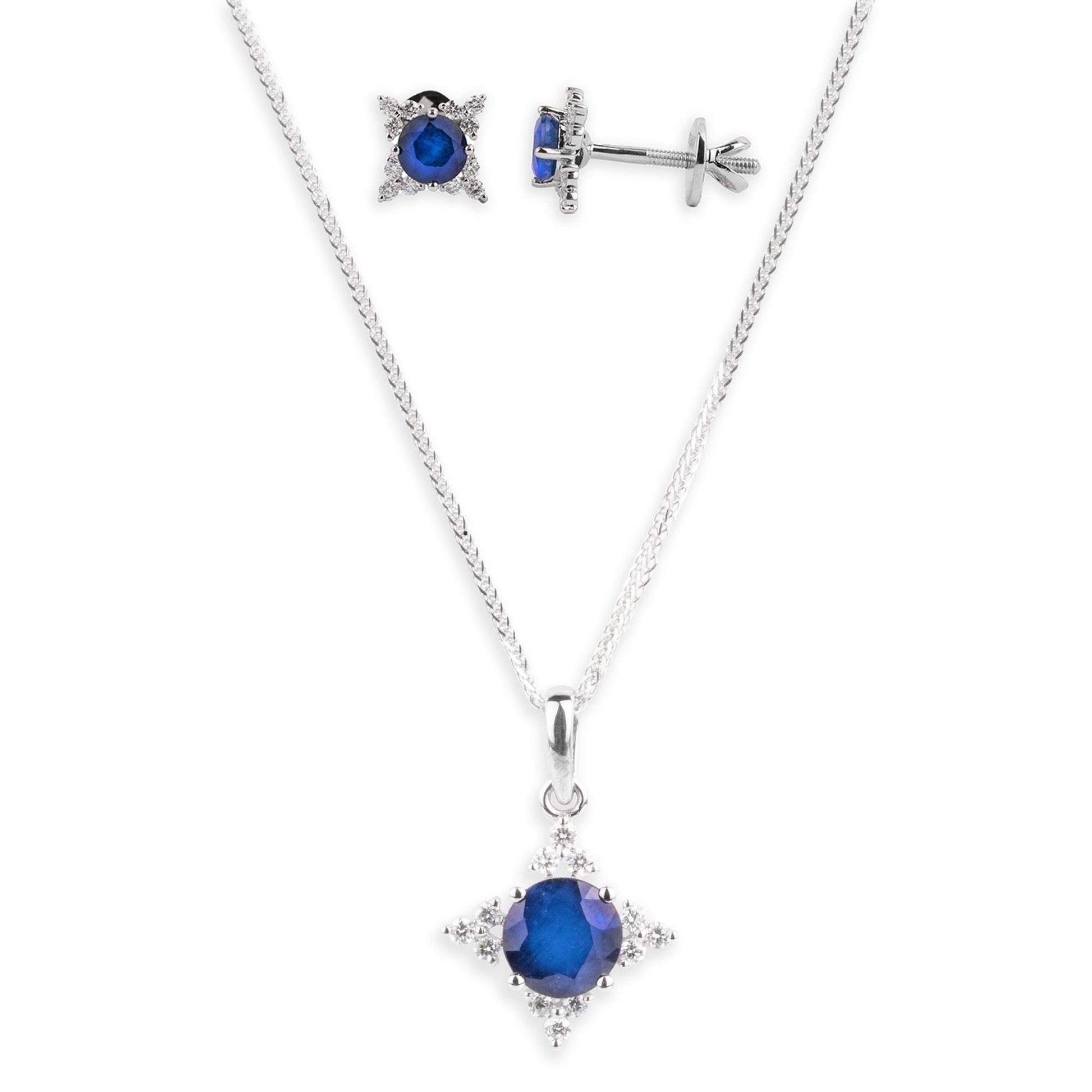 18ct White Gold Diamond and Blue Sapphire Pendant and Earrings Set CH-06819 MCS4845 MCS4846 - Minar Jewellers