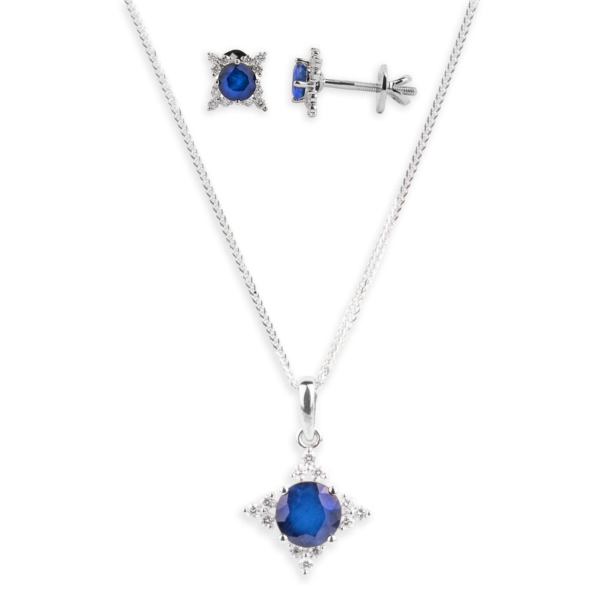 18ct White Gold Diamond and Blue Sapphire Pendant and Earrings Set CH-06819 MCS4845 MCS4846
