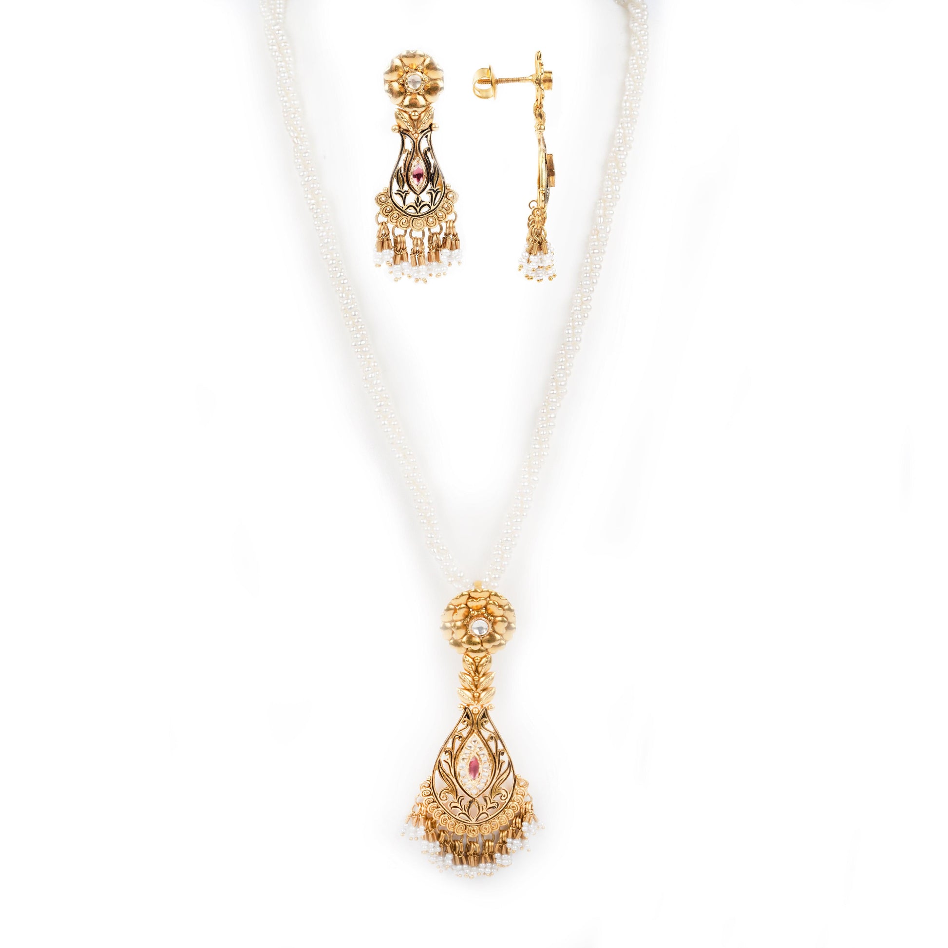 22ct Gold Antiquated Look Necklace, Pendant and Earrings set with Pearls (37.6g) N&P&E-4607 - Minar Jewellers