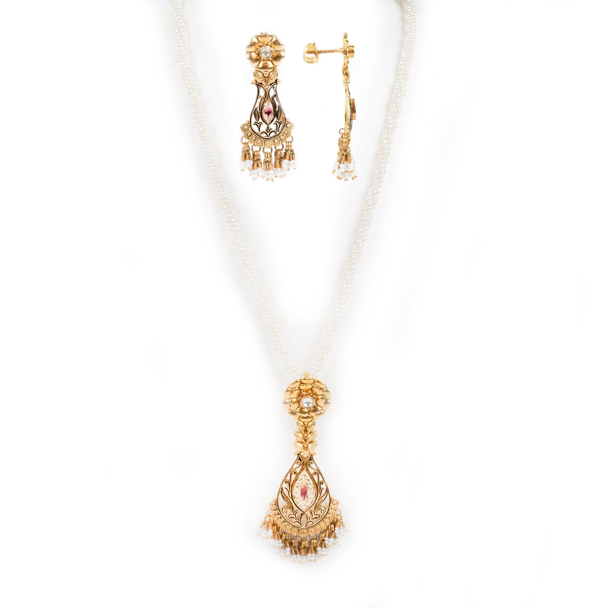 22ct Gold Antiquated Look Necklace, Pendant and Earrings set with Pearls (37.6g) N&P&E-4607