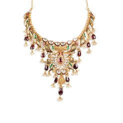 22ct Gold Antiquated Look Necklace and Earrings set with Cubic Zirconia & Coloured Stones Earrings (130.8g) N&E-5203 - Minar Jewellers