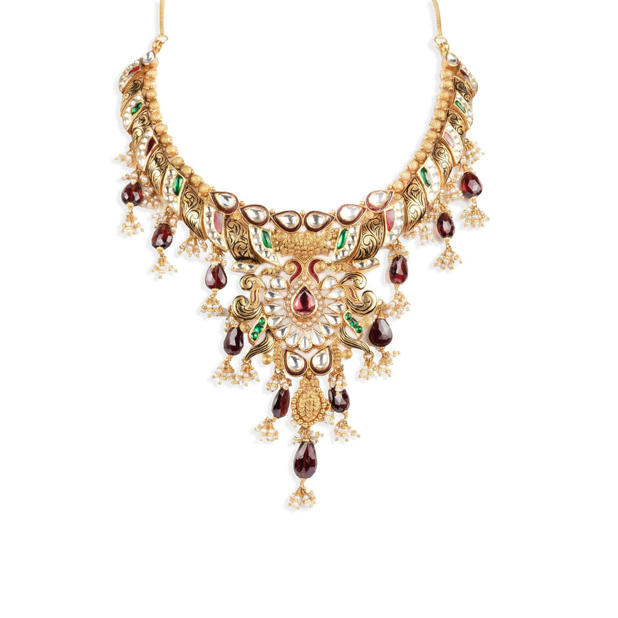 22ct Gold Antiquated Look Necklace and Earrings set with Cubic Zirconia & Coloured Stones Earrings (130.8g) N&E-5203