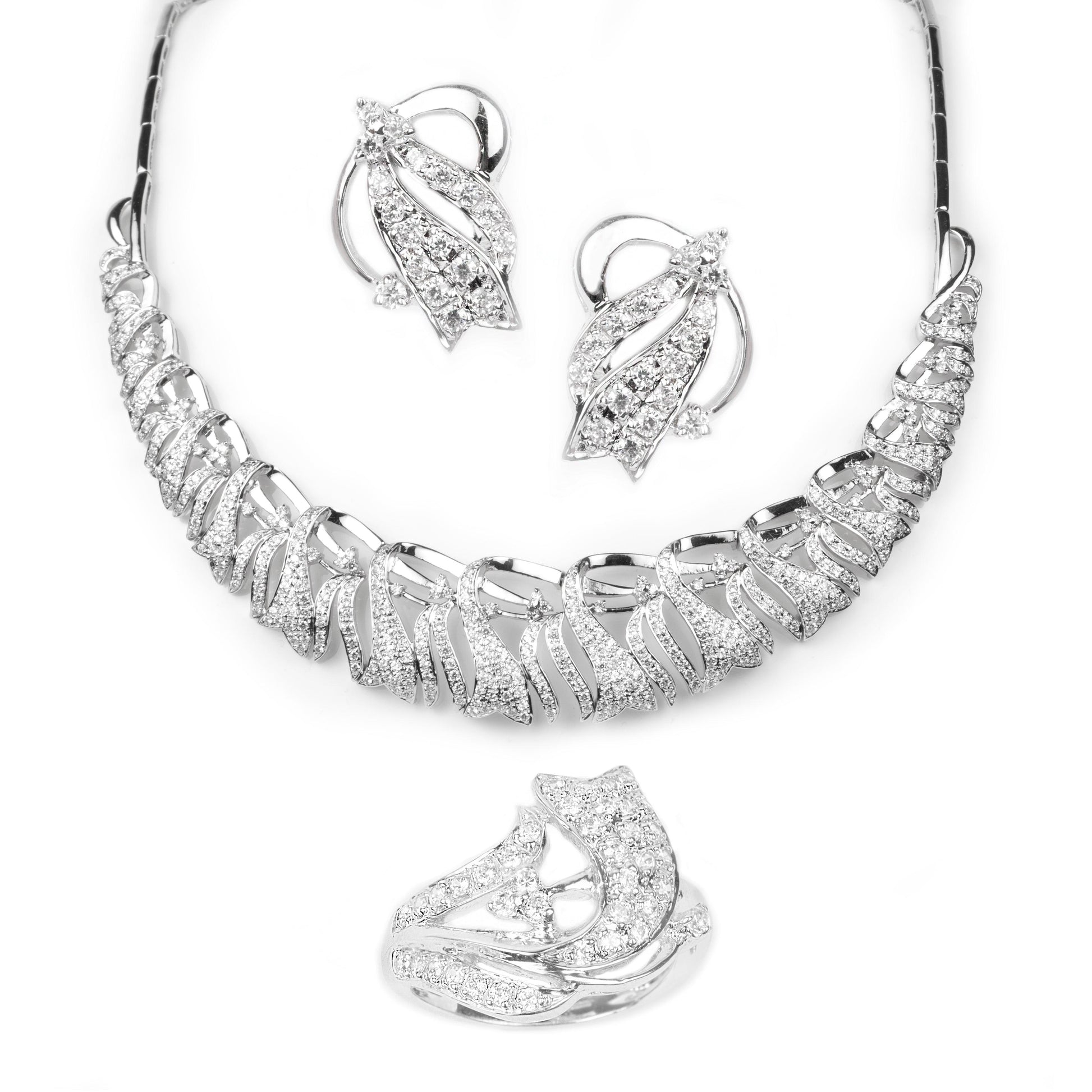 18ct White Gold Necklace, Earrings & Ring set with Cubic Zirconia stones (59.1g) N&E&LR-5231 - Minar Jewellers