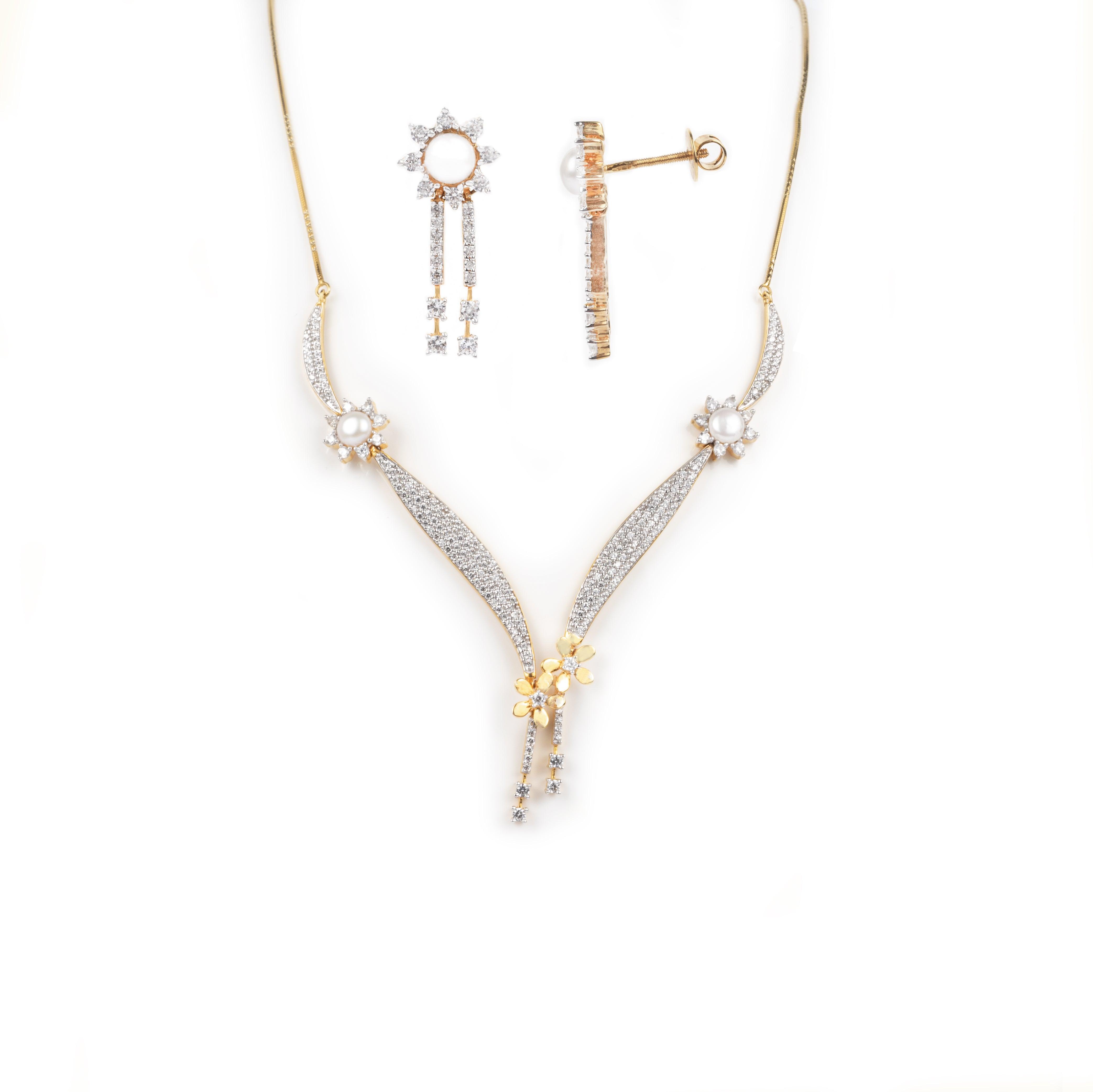 18ct Yellow Gold Necklace and Earrings set with Cubic Zirconia stones and Cultured Pearls (27g) N&E-5531 - Minar Jewellers