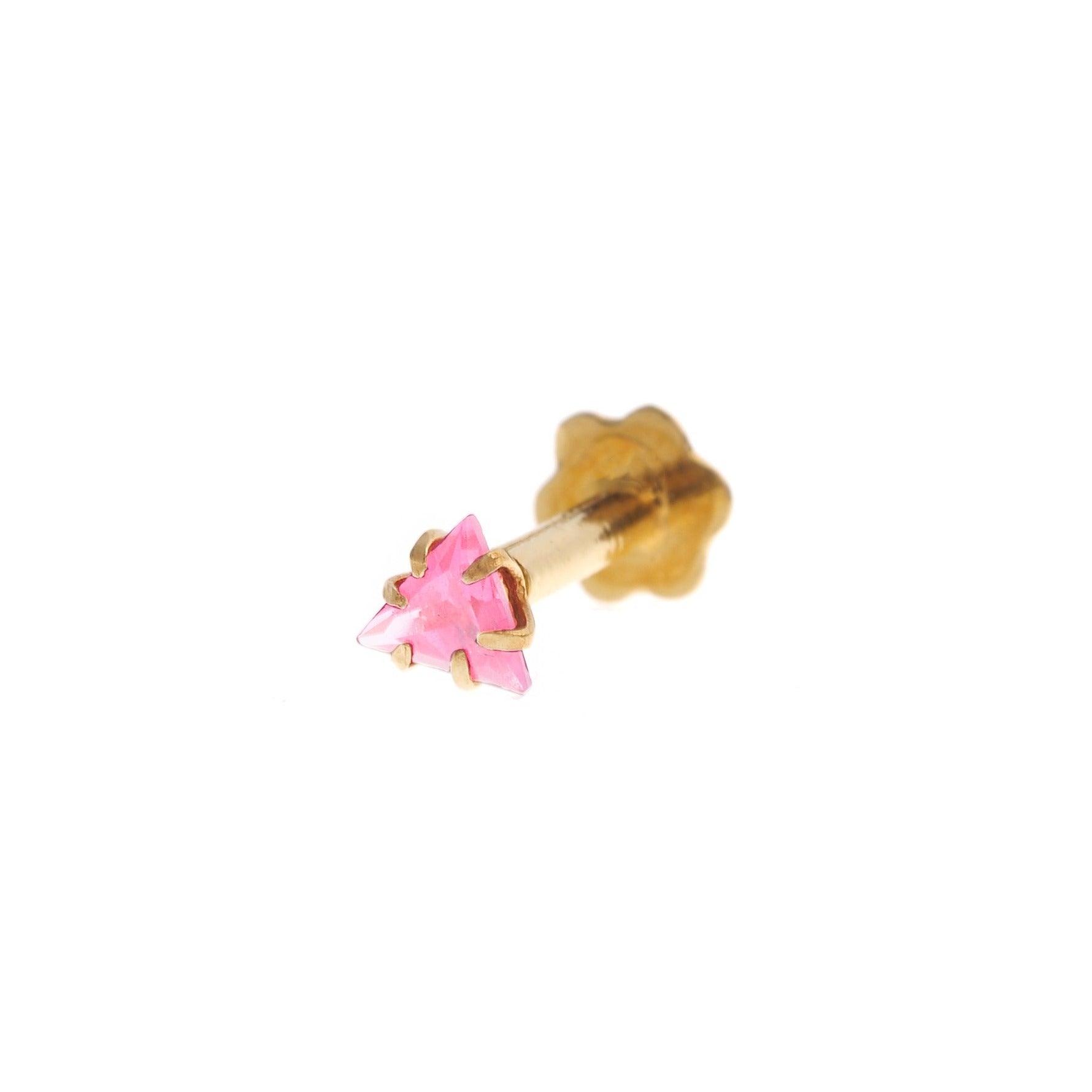 18ct Gold Nose Stud with a Pink Triangle Cubic Zirconia Stone NS-5803 - Minar Jewellers