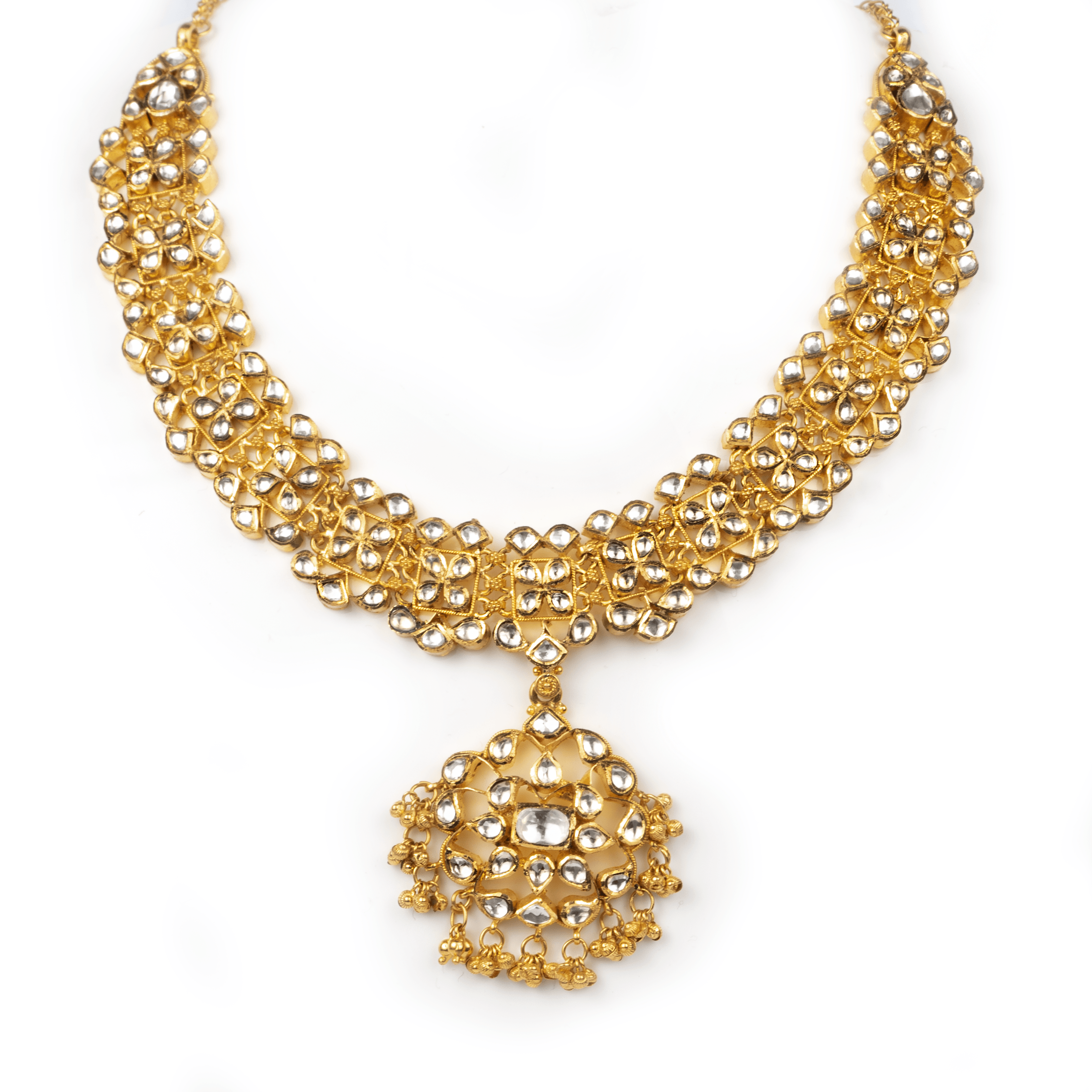 22ct Gold Antiquated Look Necklace and Earrings set with Cubic Zirconia stones (120.7g) N&E-5921 - Minar Jewellers
