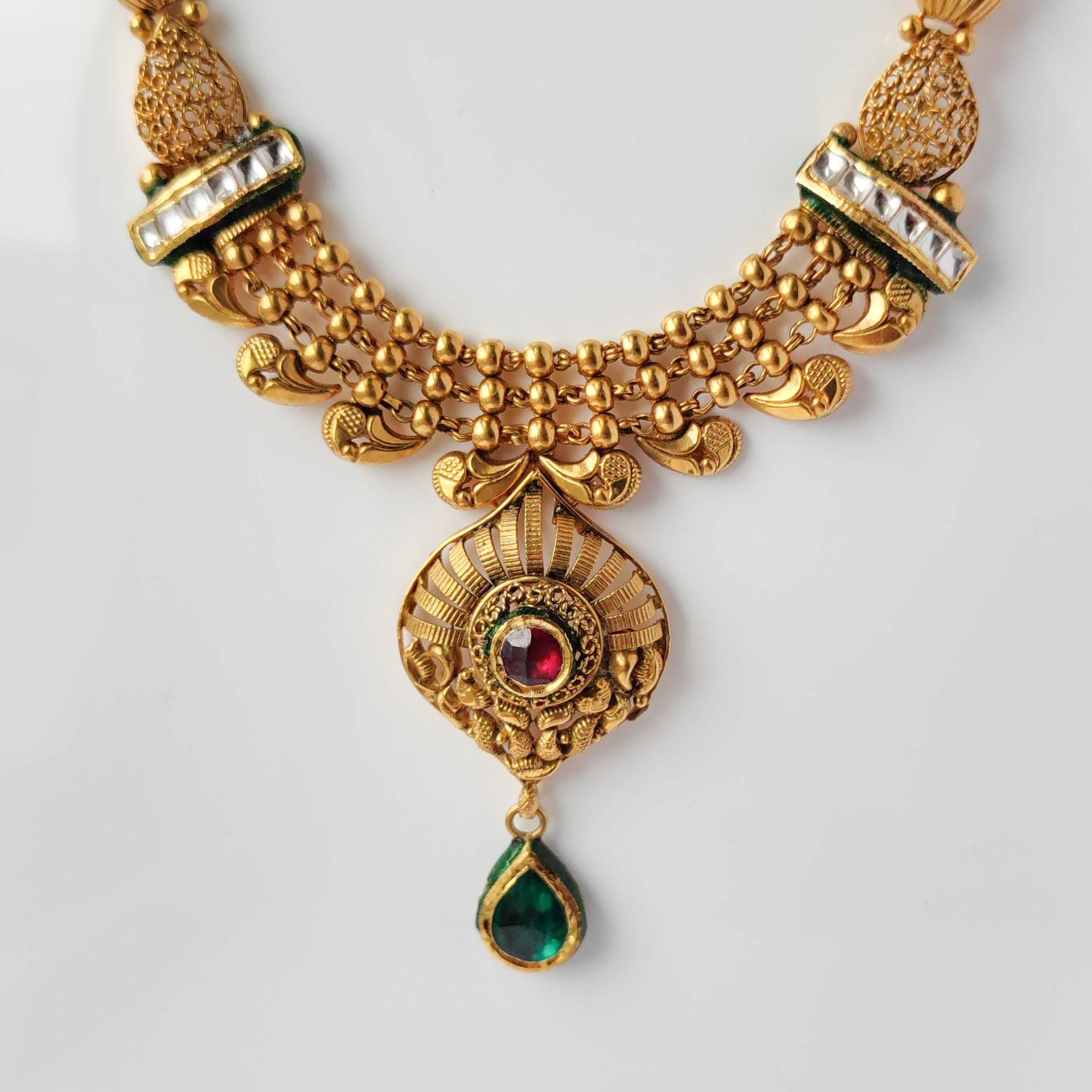 22ct Gold Antiquated Look Necklace set with Green, Red and White Polki Style Cubic Zirconia Stones (42.4g) N&E-8206