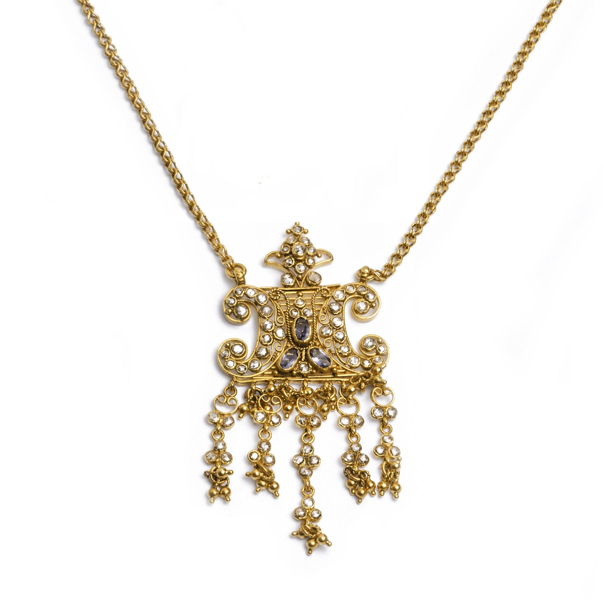 22ct Gold Champagne Diamond Necklace and Earrings set with Coloured Stones N&E-EDP2546 - Minar Jewellers