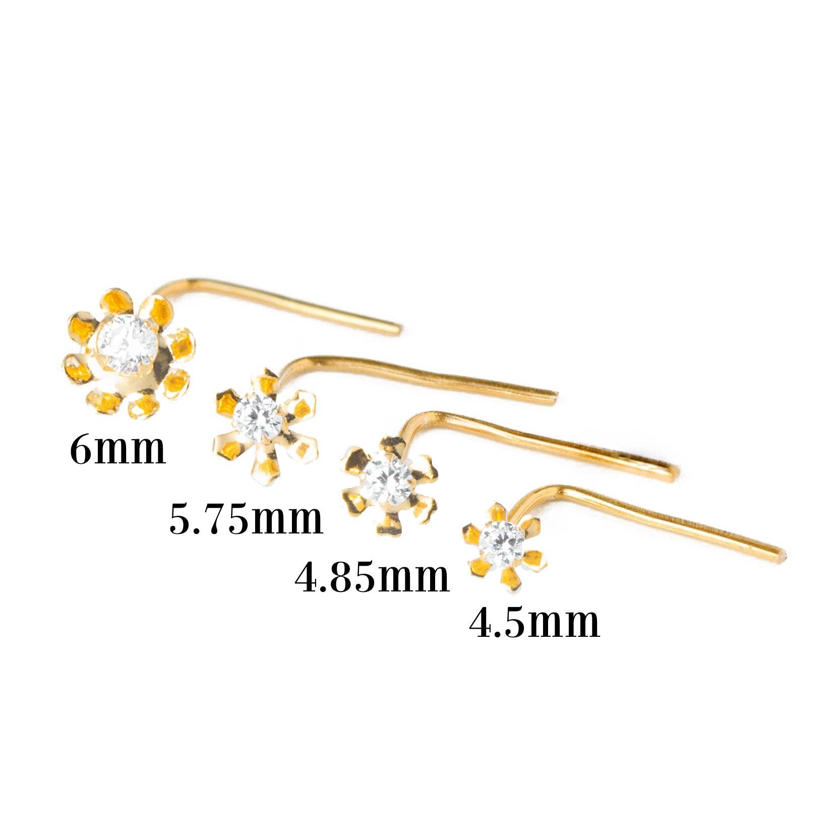 18ct Yellow Gold L Shape Back Nose Stud set with Cubic Zirconia in a Flower Design (4.5mm - 6mm) NIP-4-080 - Minar Jewellers