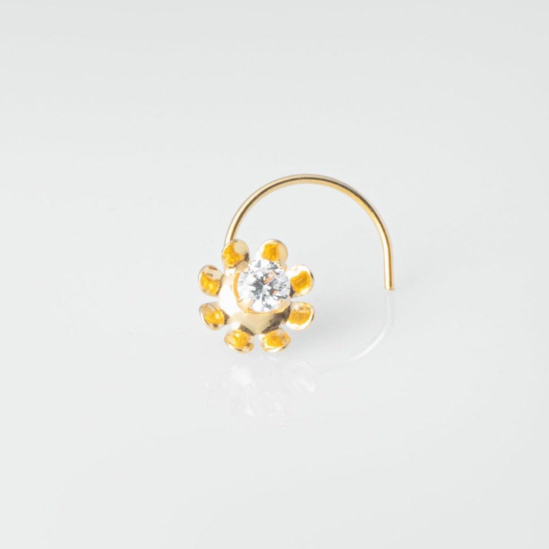18ct Yellow Gold Wire Coil Back Nose Stud set with Cubic Zirconia in a Flower Design (4.5mm - 6mm) NIP-4-080