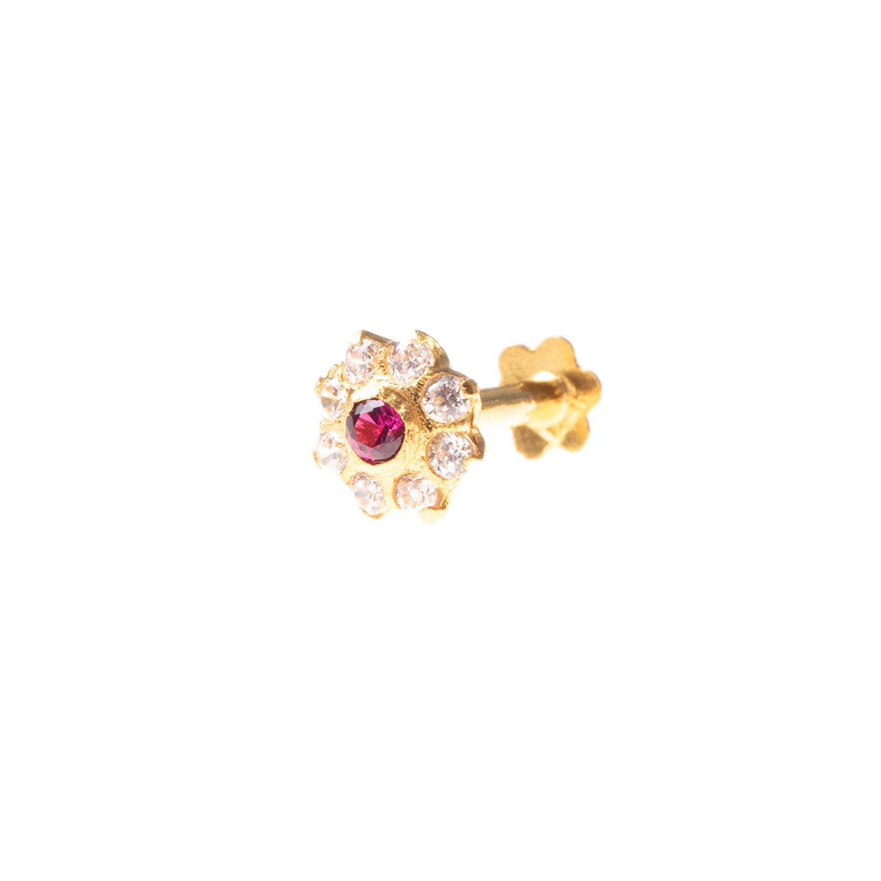 18ct Yellow Gold Nose Stud set with eight white and one colour Cubic Zirconia Stones NIP-5-640
