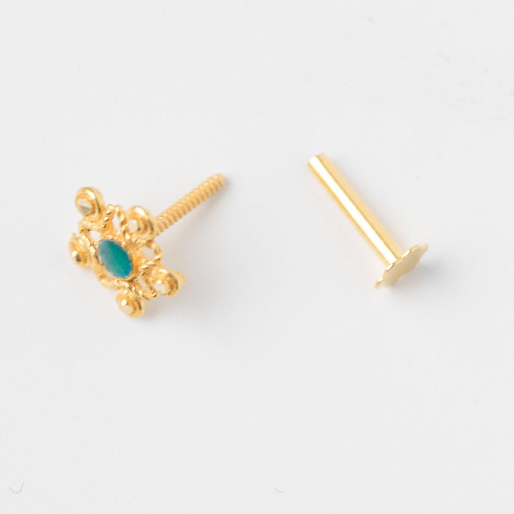 18ct Yellow Gold Screw Back Nose Stud spearmint green enamel NIP-6-710a - Minar Jewellers