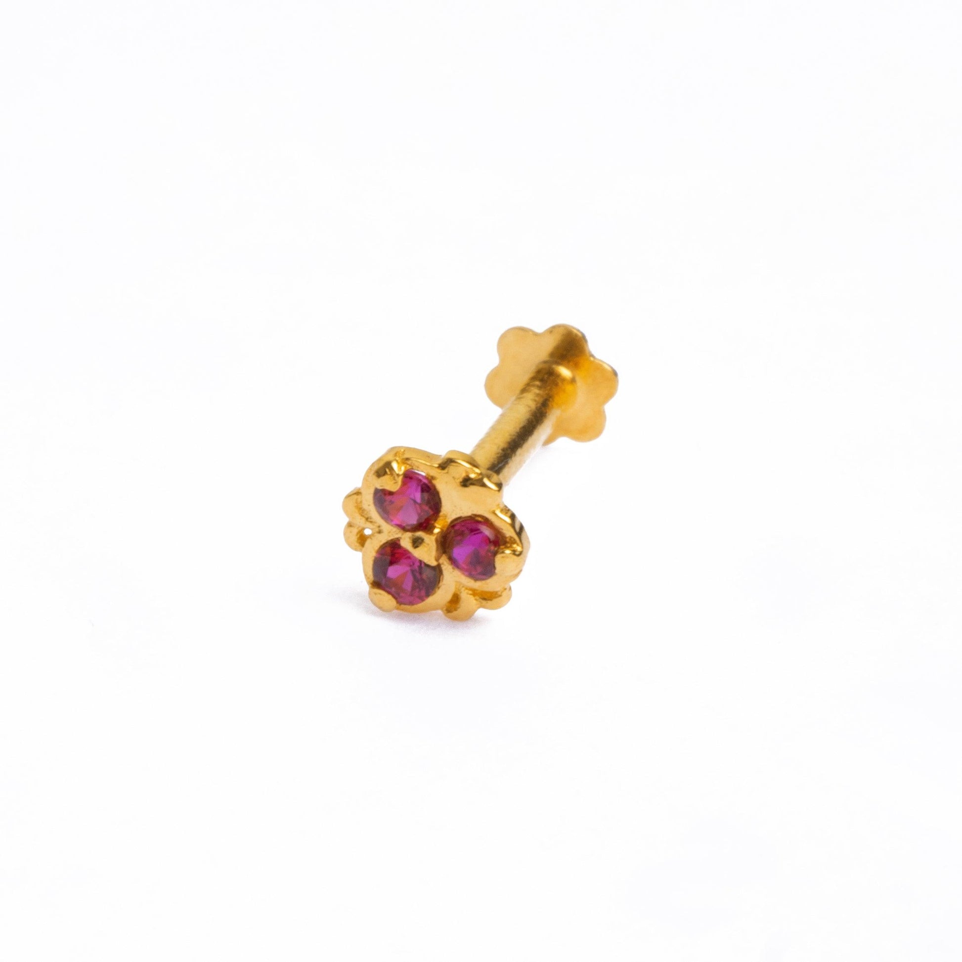 18ct Yellow Gold Nose Stud set with pink cubic zirconia stones NS-4792 - Minar Jewellers
