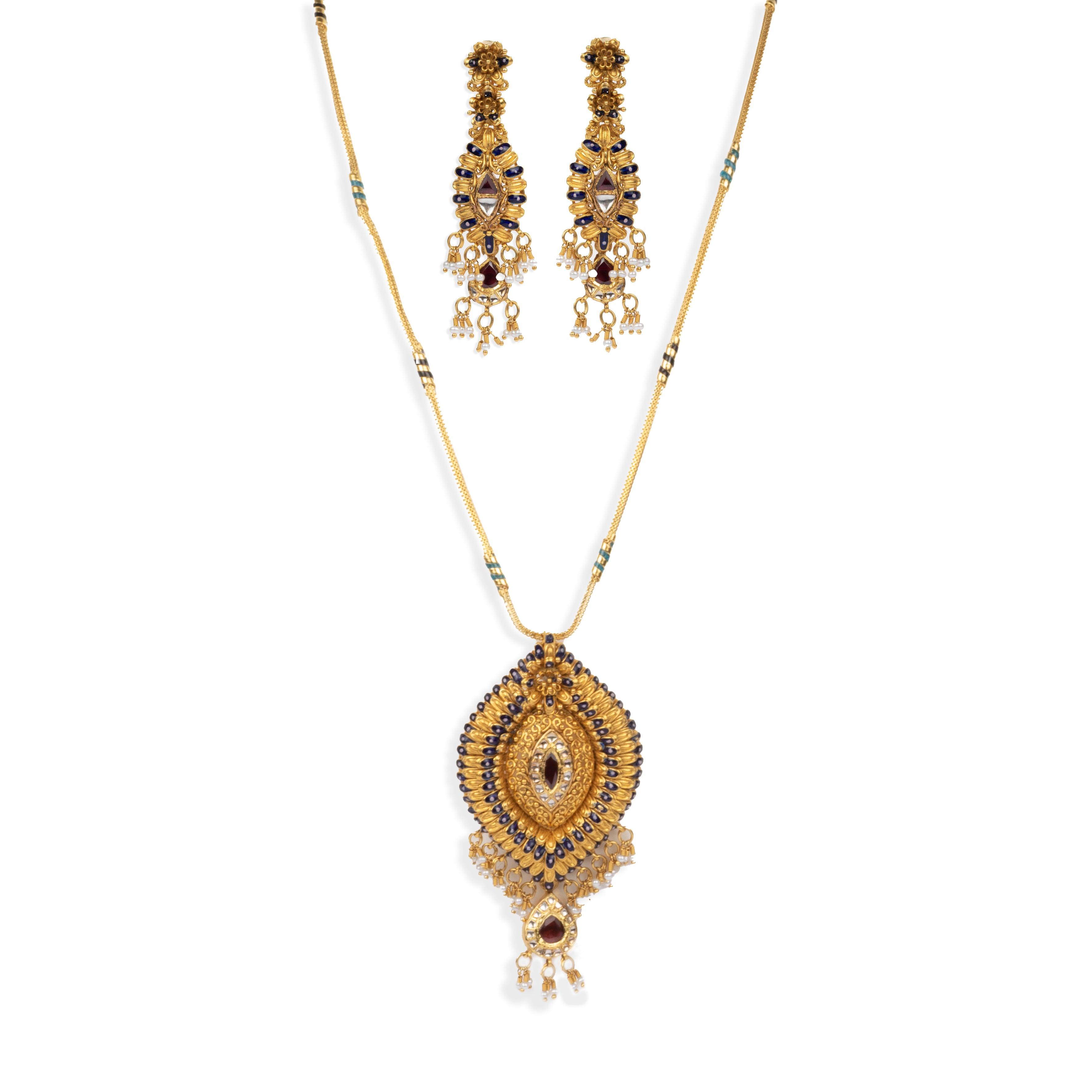 22ct Gold Antiquated Look Necklace and Earrings set with Cubic Zirconia stones (52.8g) N&E-4984 - Minar Jewellers