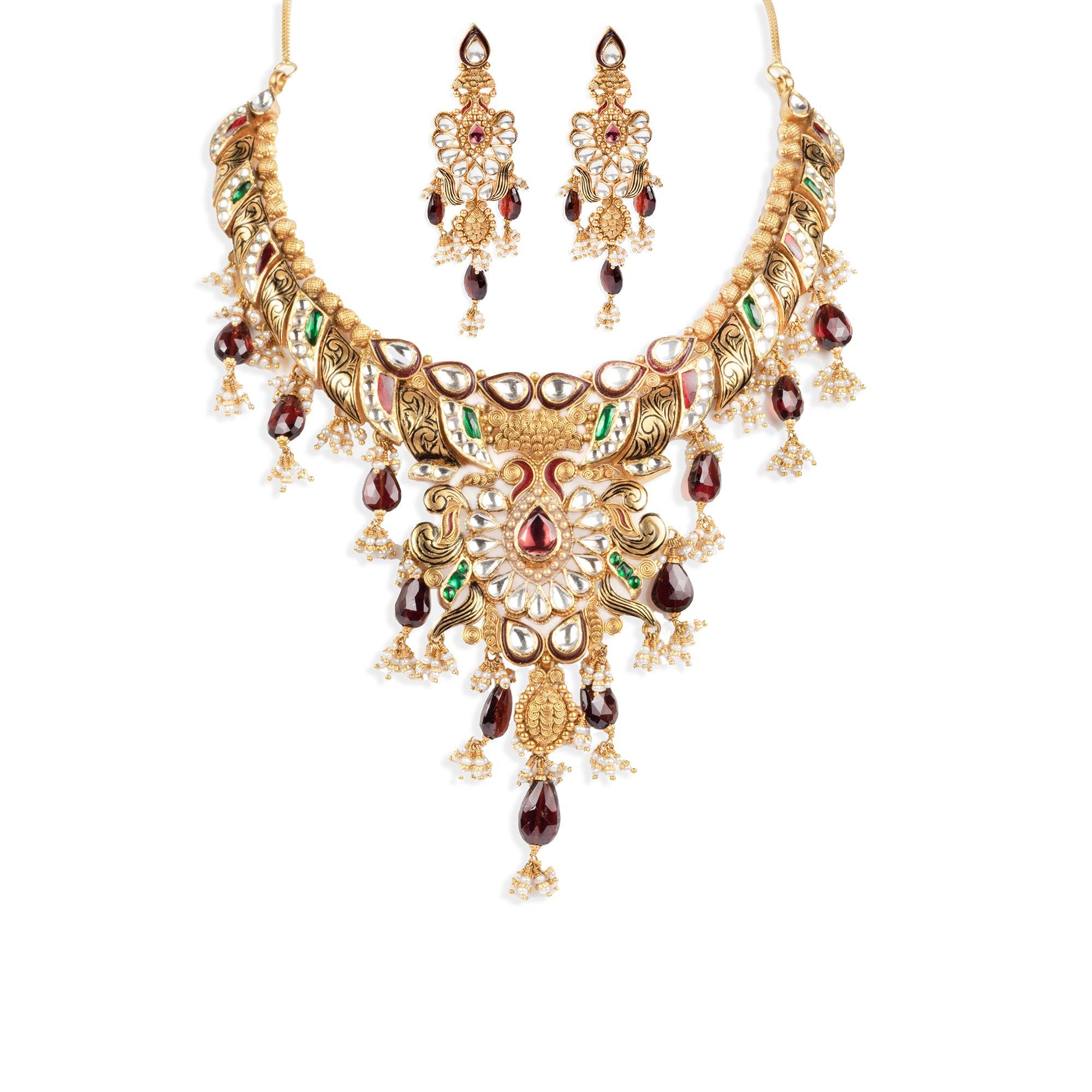22ct Gold Antiquated Look Necklace and Earrings set with Cubic Zirconia & Coloured Stones Earrings (130.8g) N&E-5203