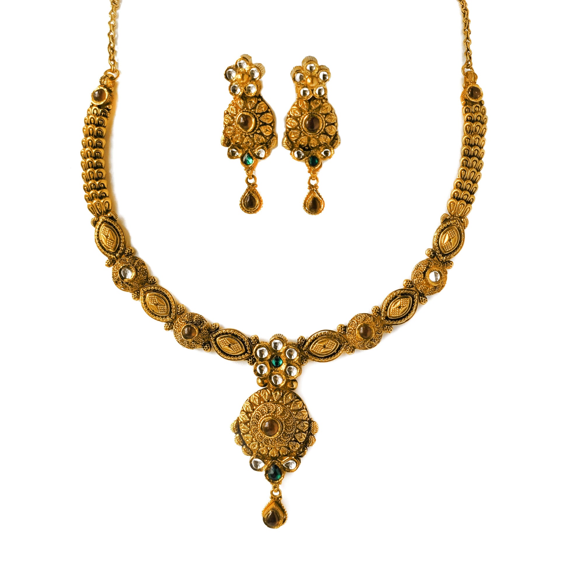 22ct Gold Antiquated Look Necklace set with Green, Red and White Polki Style Cubic Zirconia Stones (48.3g) N&E-8205 - Minar Jewellers