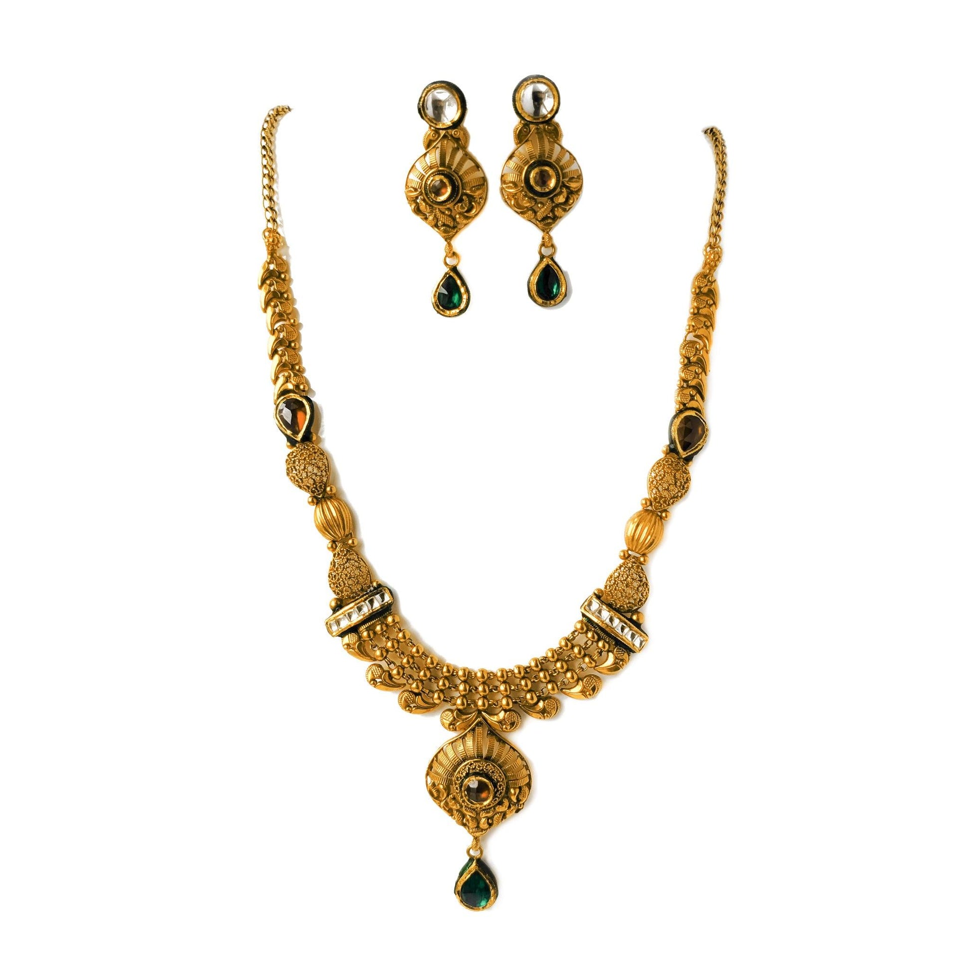 22ct Gold Antiquated Look Necklace set with Green, Red and White Polki Style Cubic Zirconia Stones (42.4g) N&E-8206 - Minar Jewellers