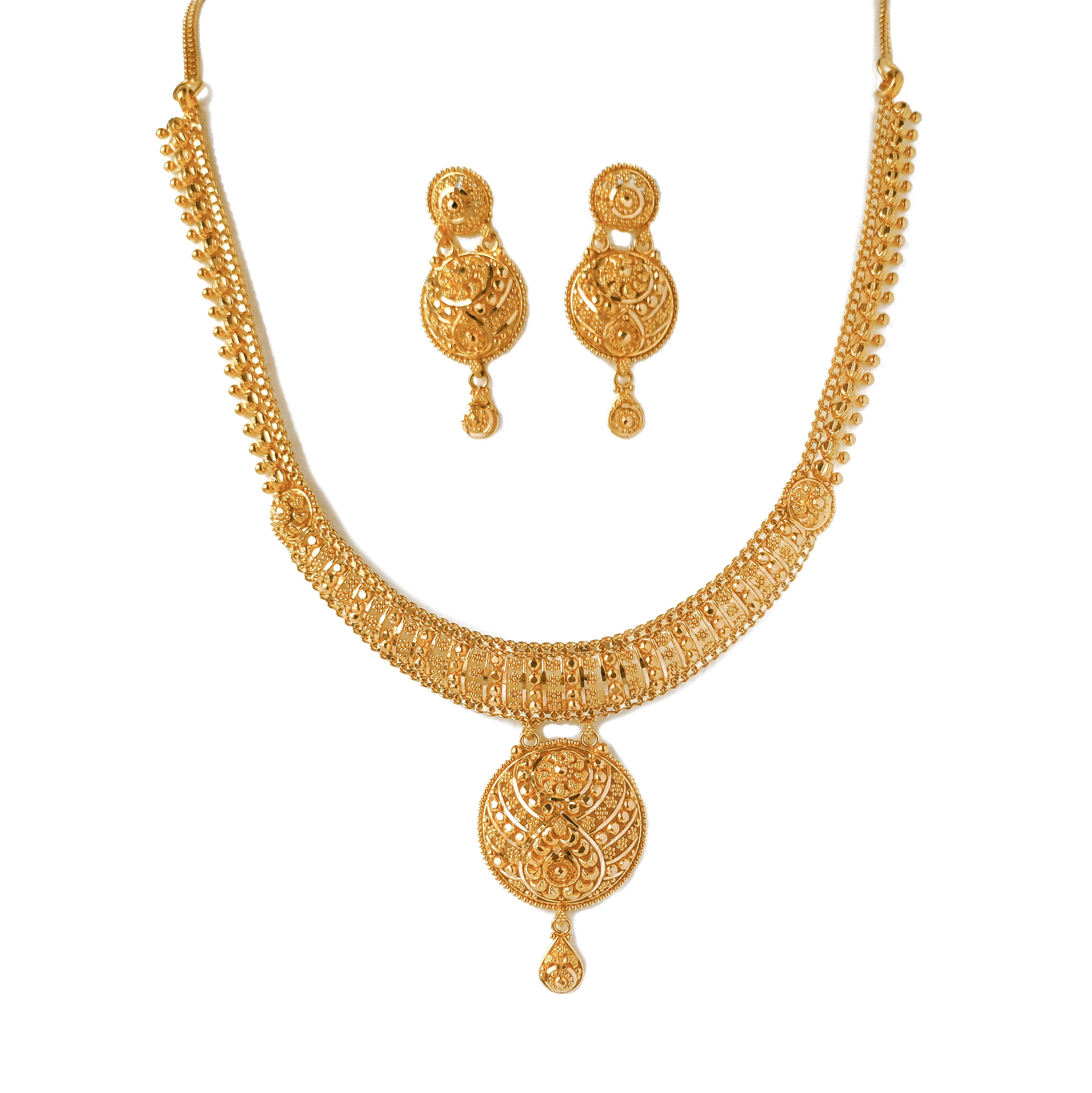 22ct Gold Filigree Design Jali Style Necklace and Earring Set N&E-8234 - Minar Jewellers