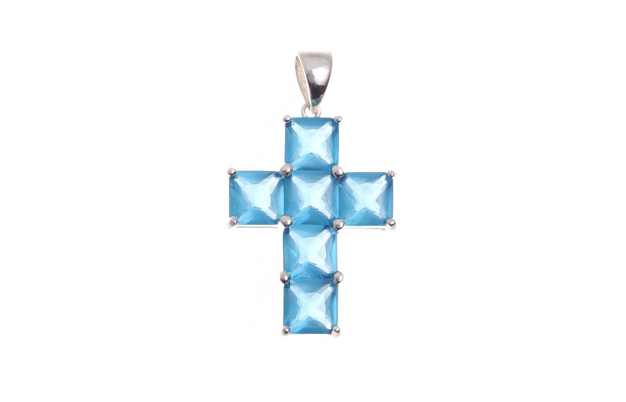 Sterling Silver Cross Blue Stone Pendant (G5348), Minar Jewellers - 2