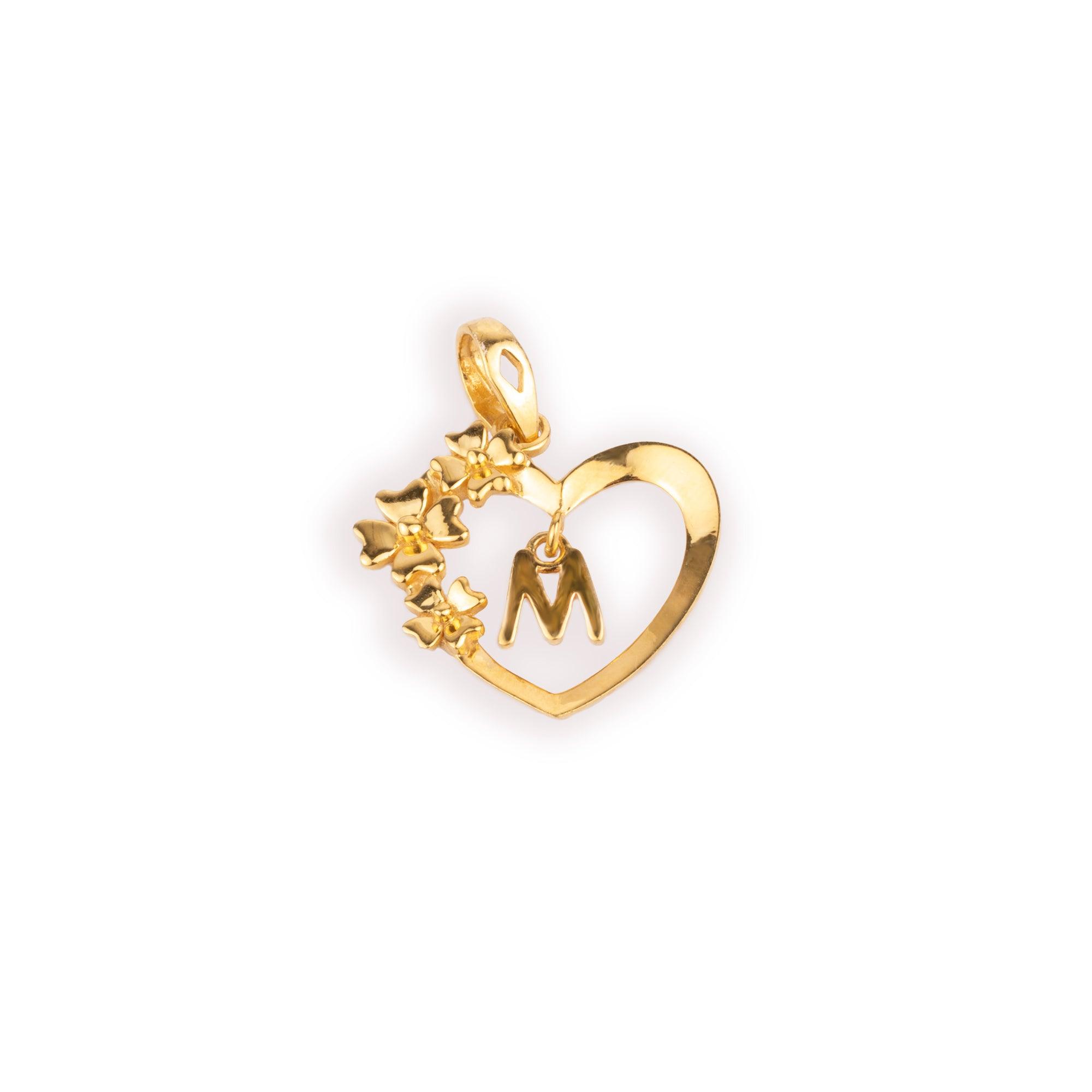 'M' 22ct Gold Heart Shape Initial Pendant with Flower Design P-7035-M - Minar Jewellers