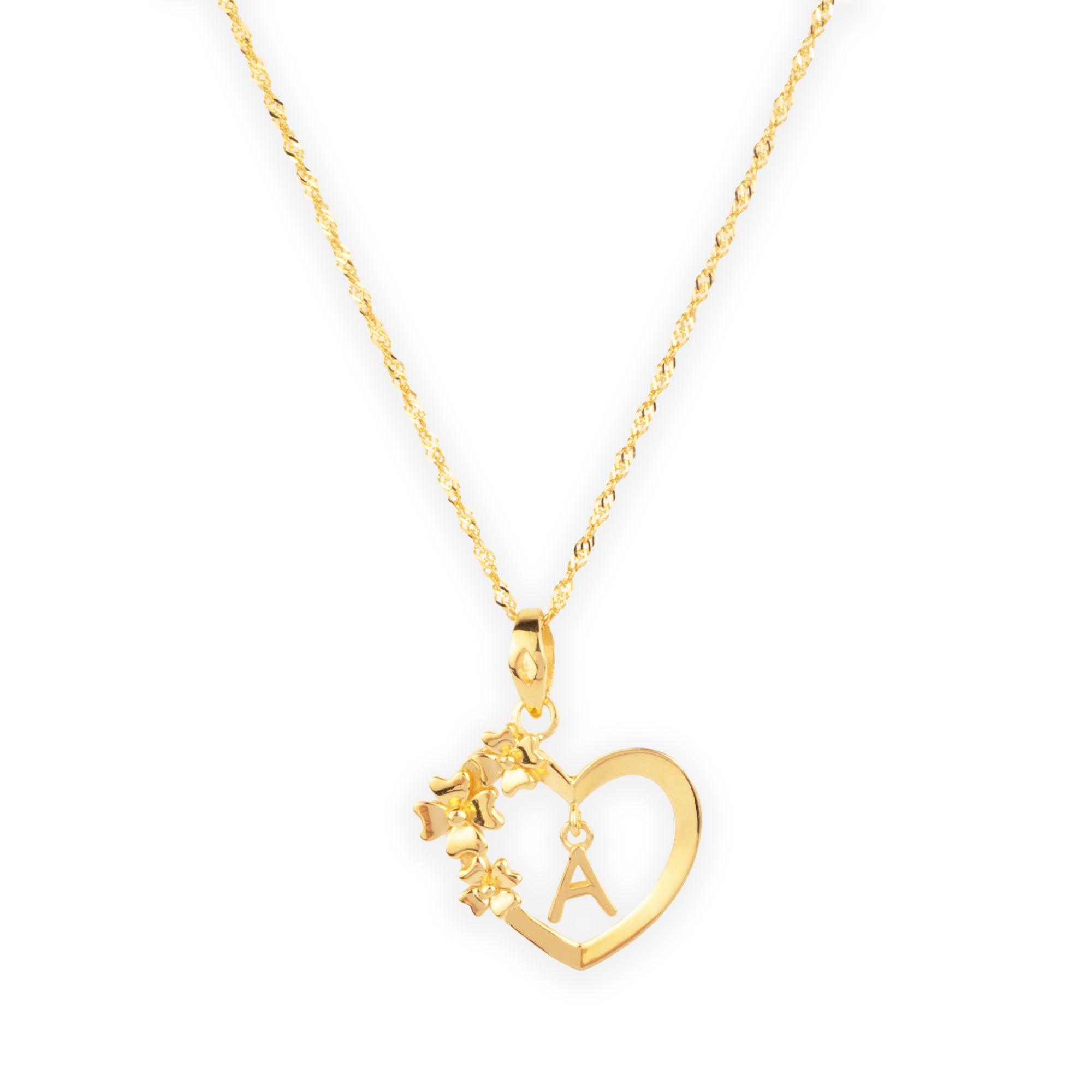 'A' 22ct Gold Heart Shape Initial with Flower Design Pendant P-7035