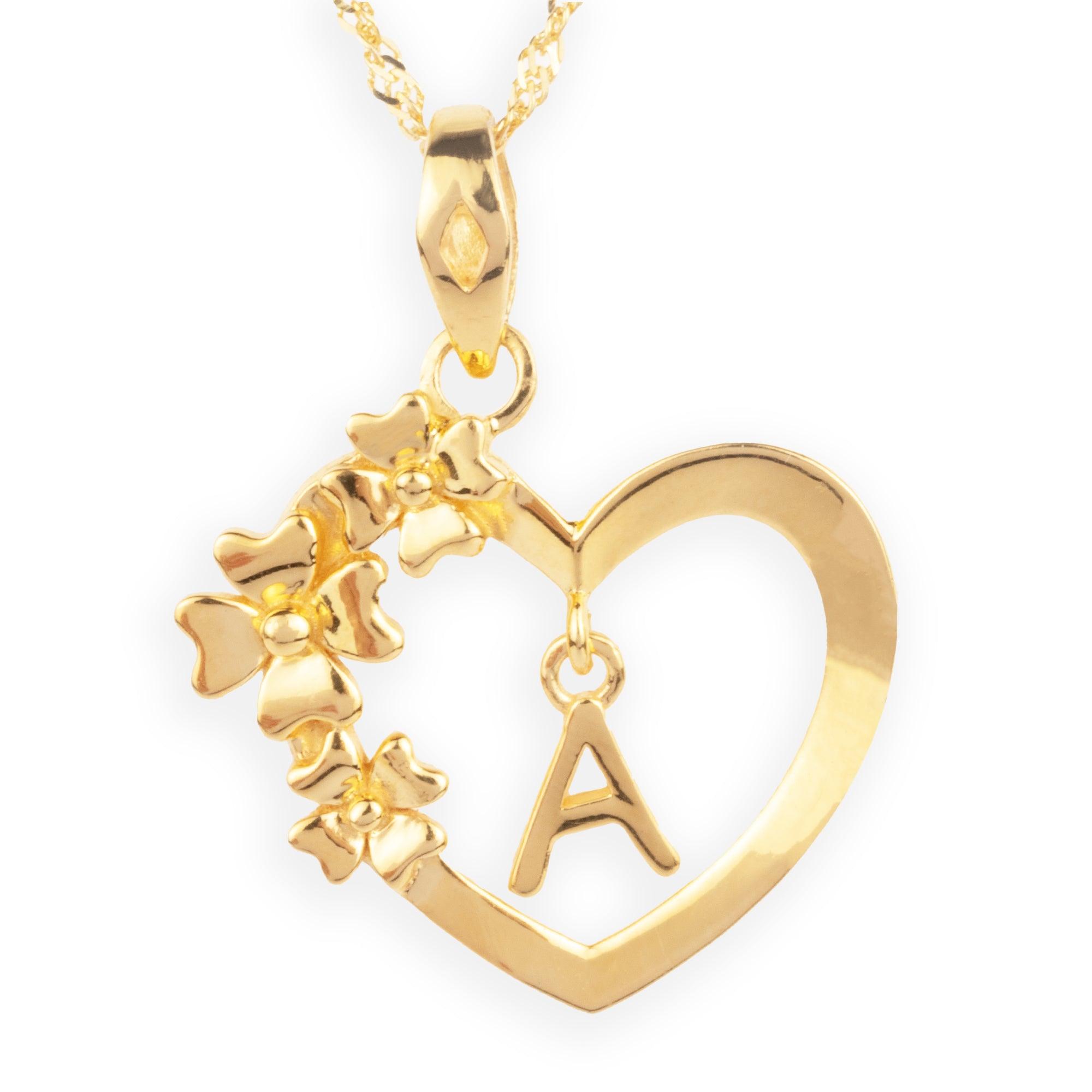 'A' 22ct Gold Heart Shape Initial with Flower Design Pendant P-7035