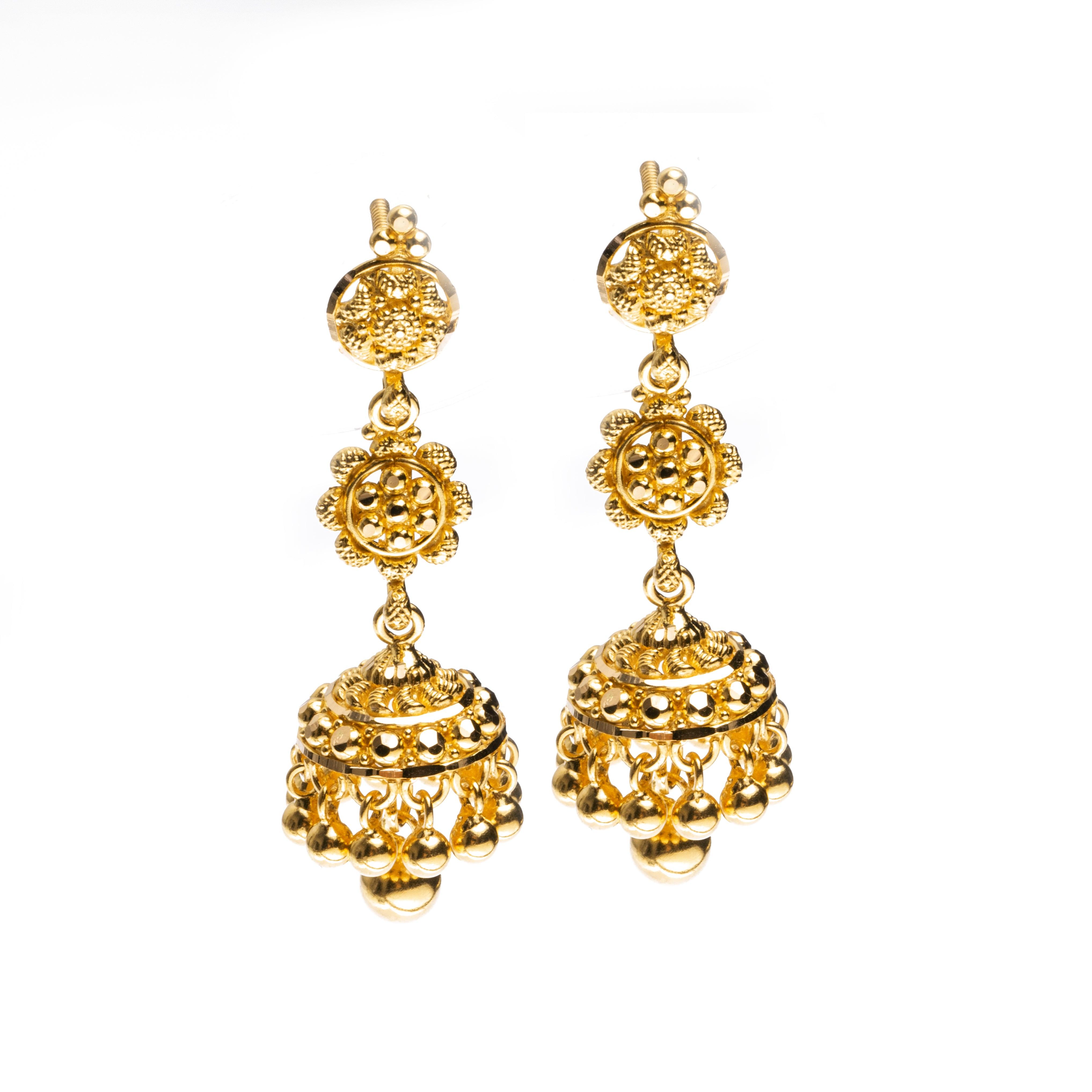 22ct Gold Diamond Cut Design Drop 'Jhoomka' Earrings with Gold Bead Drops (12.3g) E-8411 - Minar Jewellers