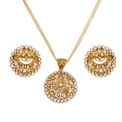 22ct Gold Antiquated Look Pendant, Chain and Earrings with Polki Style Cubic Zirconias (26.8g)P&E-8240 - Minar Jewellers