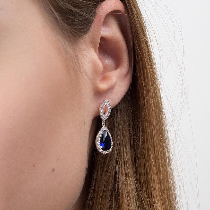 Sterling Silver Teardrop Earrings with Cubic Zirconia and Blue Stones SE288A - Minar Jewellers