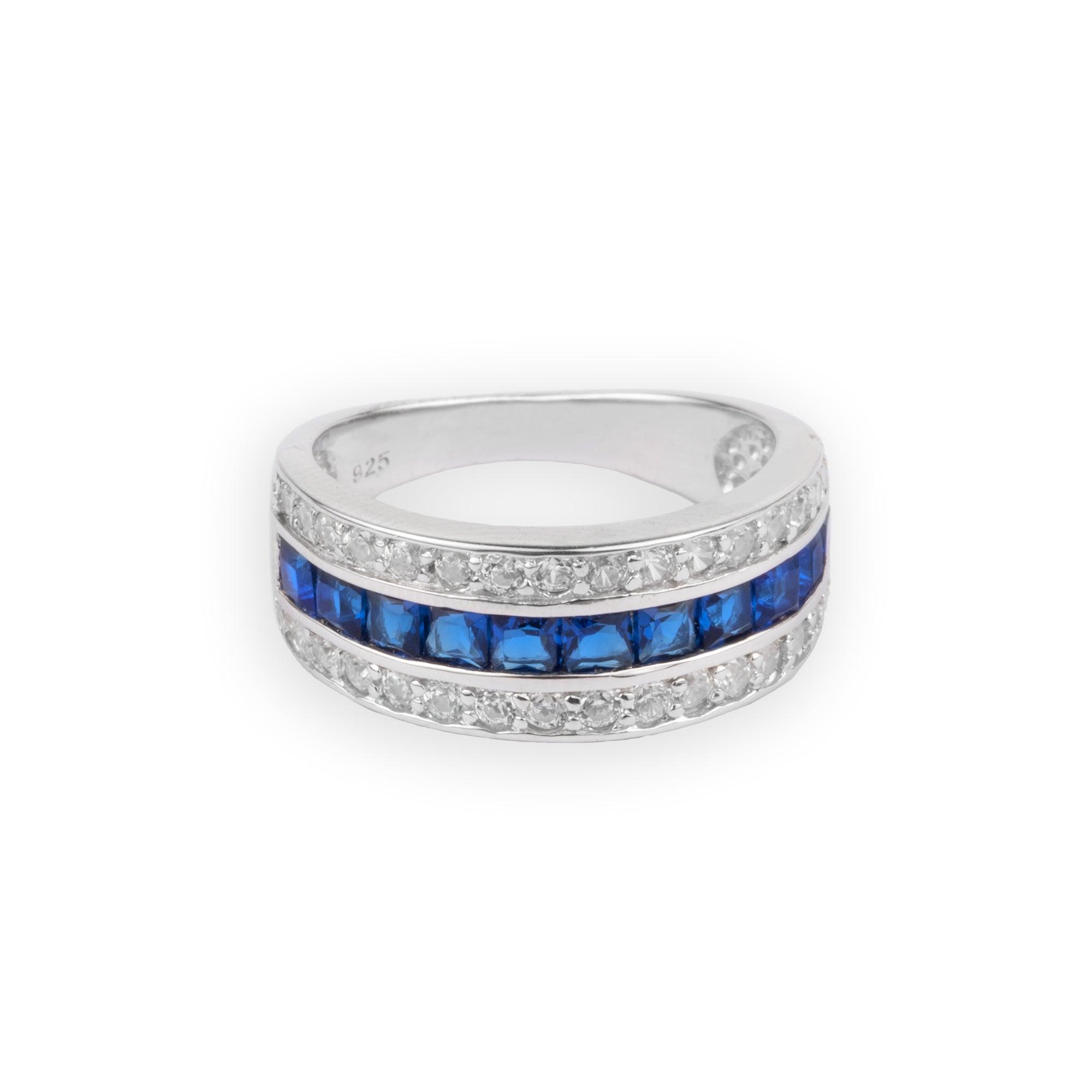 Sterling Silver Cubic Zirconia and Sapphire Ring with Rhodium Plating SR057B - Minar Jewellers