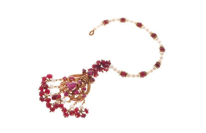 22ct Gold Rouge Look Tikka with Purple CZ Stones & Cultured Pearls (11.2g) T-5872 - Minar Jewellers